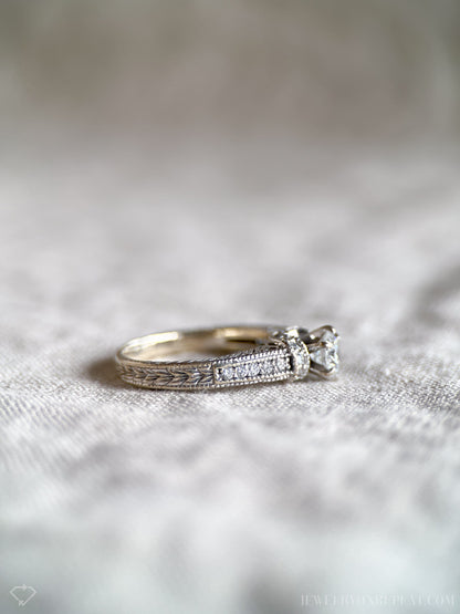 Vintage Diamond Engagement Ring, Round Cut, 18k White Gold, 2000s Ornate Filigree Cathedral
