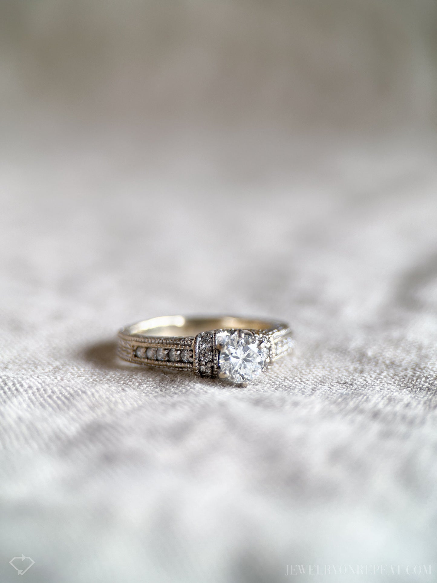 Vintage Diamond Engagement Ring, Round Cut, 18k White Gold, 2000s Ornate Filigree Cathedral