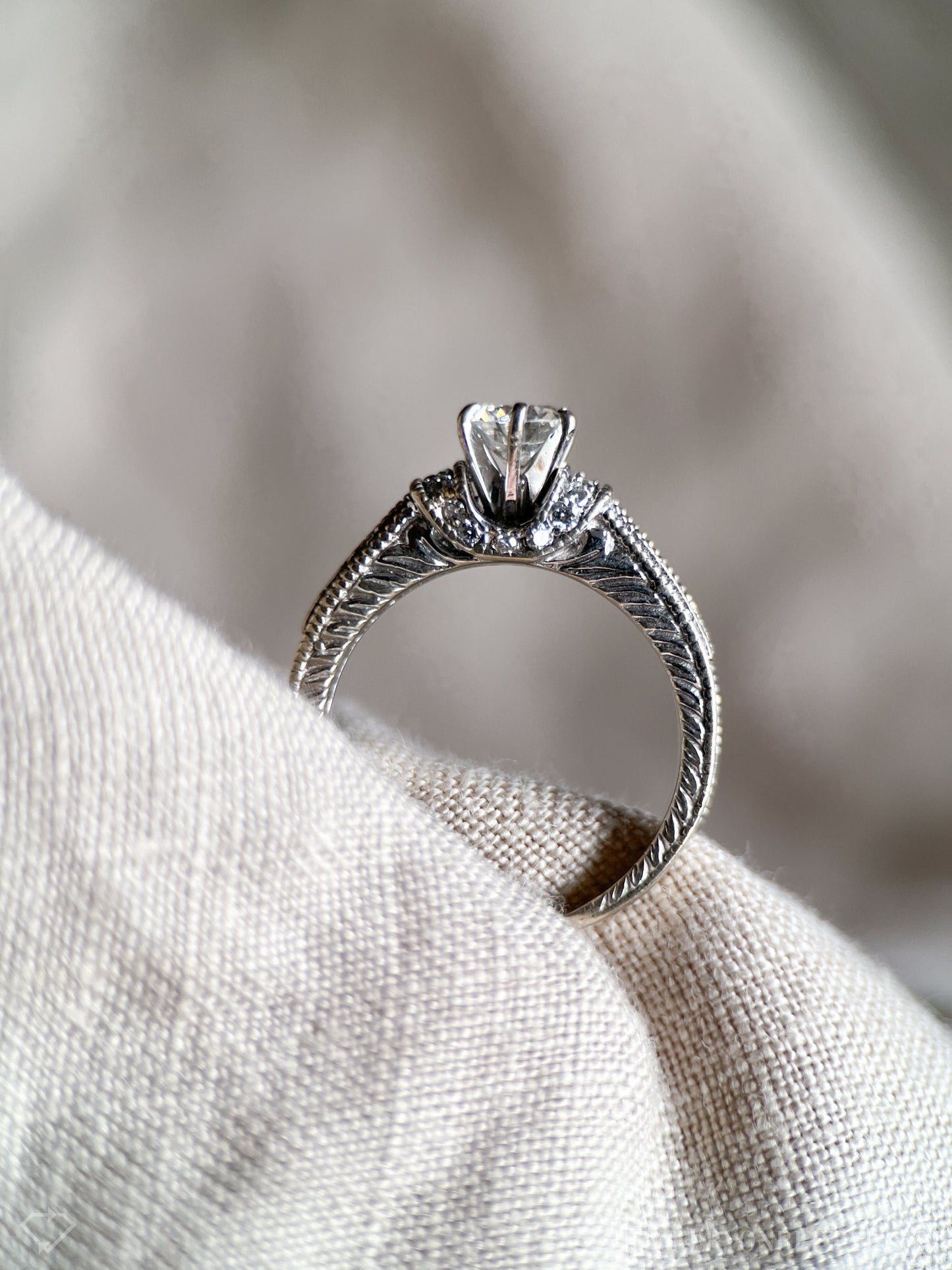 Vintage Diamond Engagement Ring, Round Cut, 18k White Gold, 2000s Ornate Filigree Cathedral