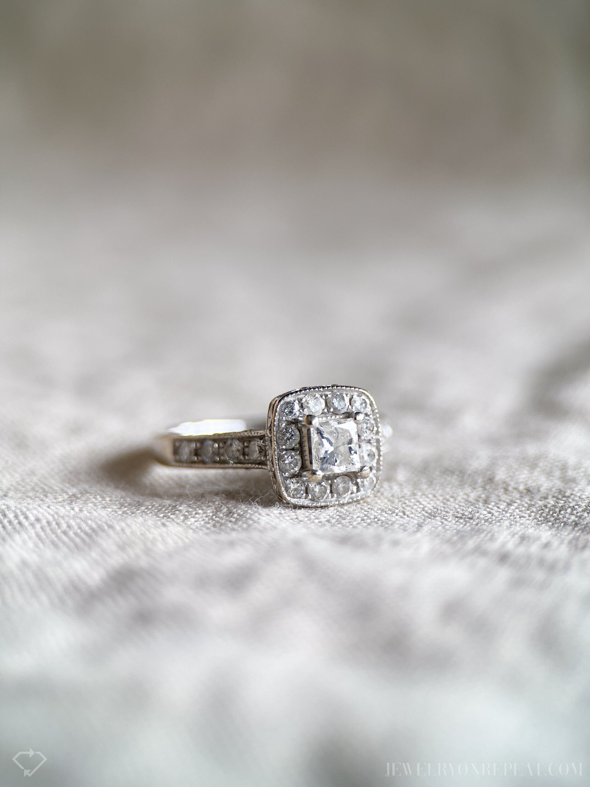 Vintage Princess Cut Halo Diamond Engagement Ring in 14k White Gold