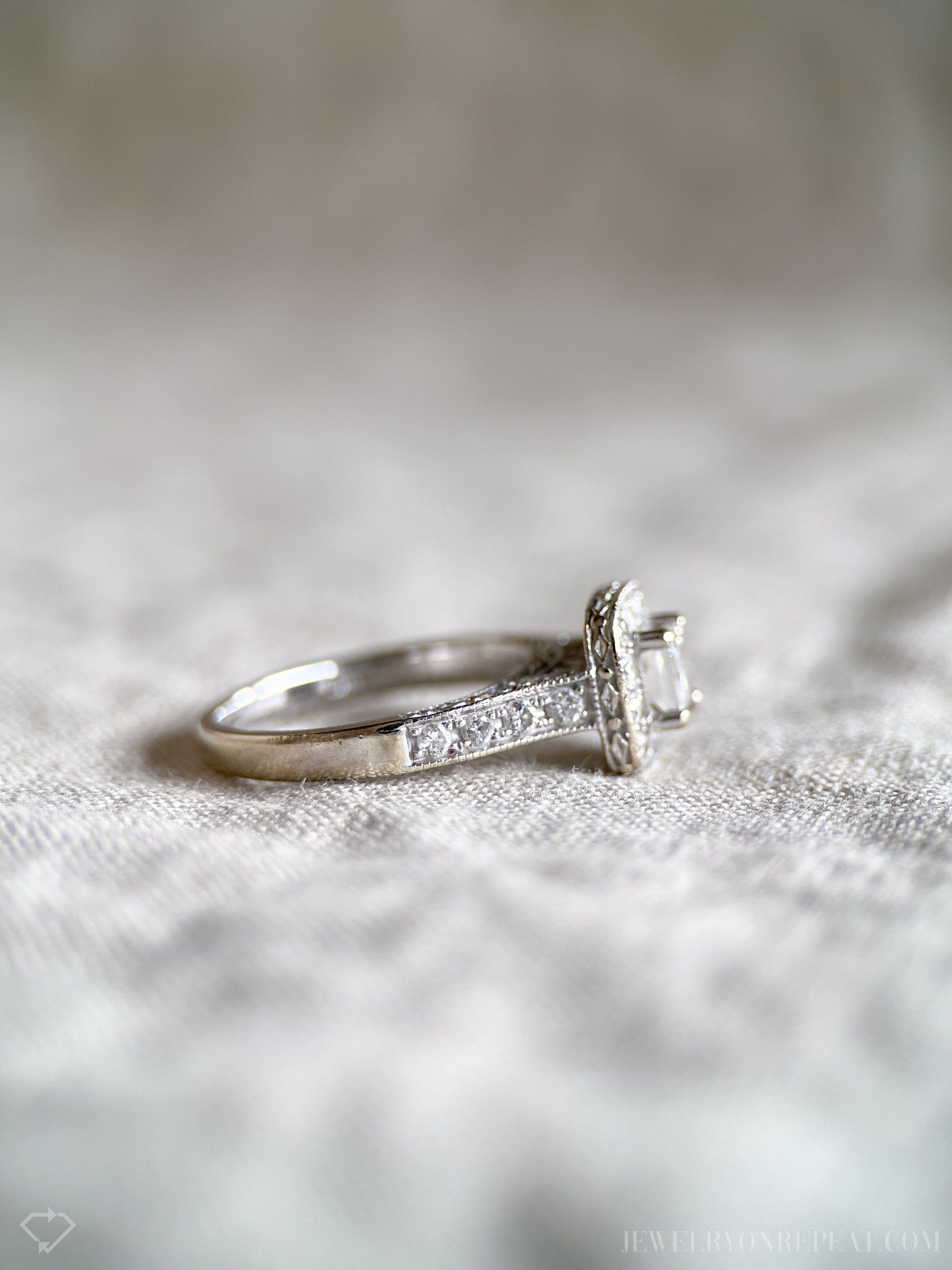 Vintage Diamond Engagement Ring, Princess Cut, 14k White Gold, 1990s Halo Bridal Ring