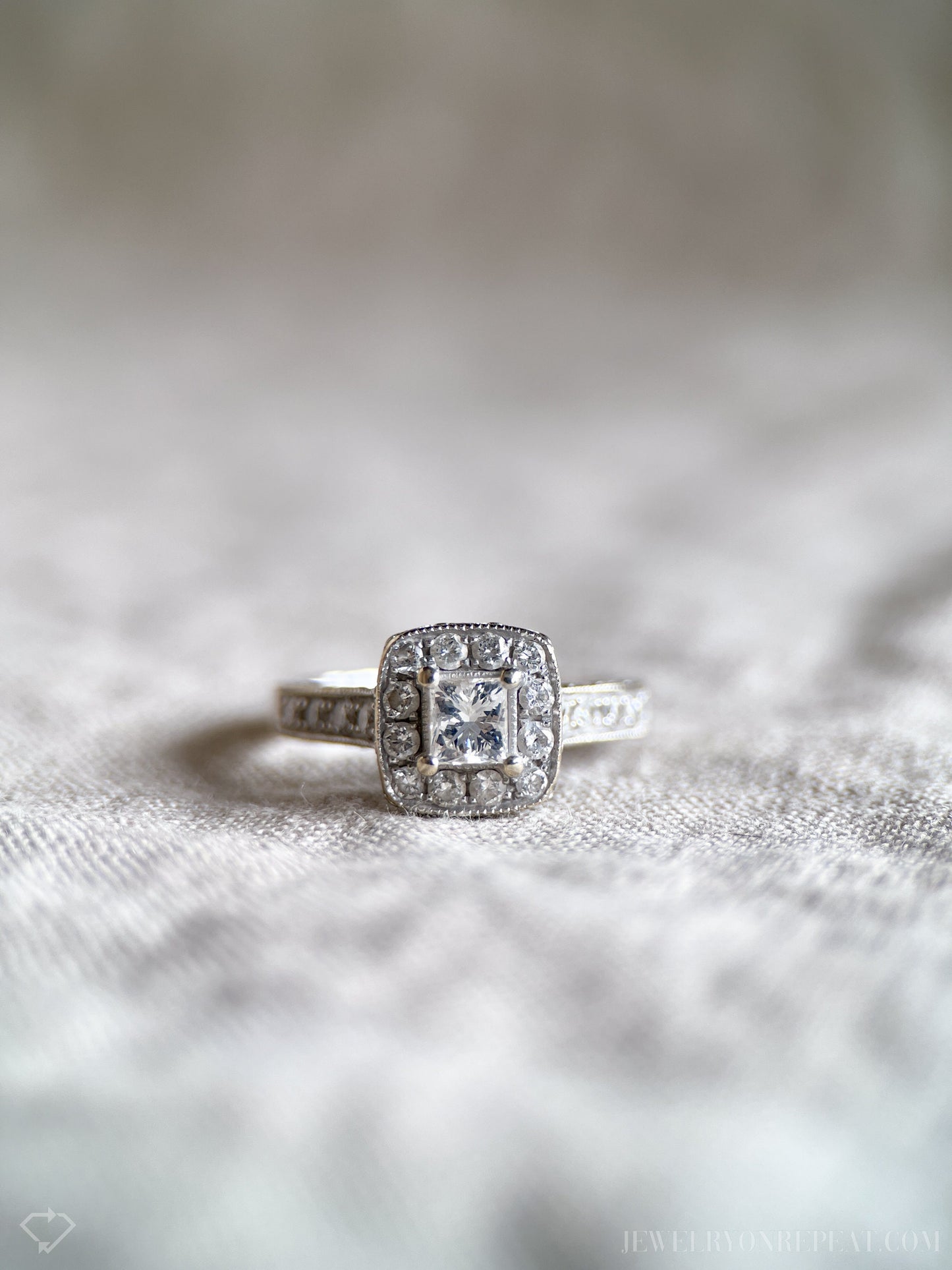 Vintage Diamond Engagement Ring, Princess Cut, 14k White Gold, 1990s Halo Bridal Ring