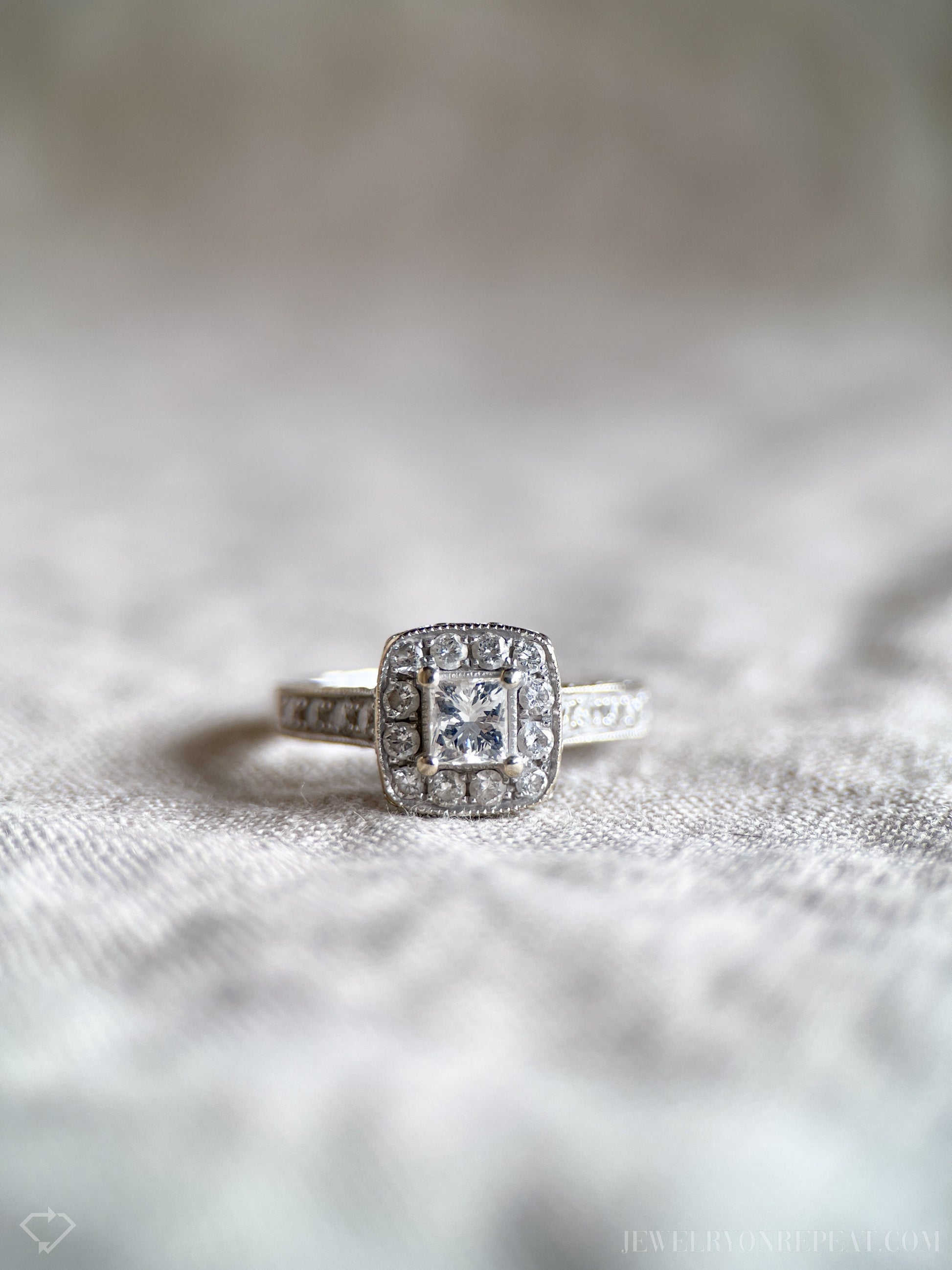 Vintage Diamond Engagement Ring, Princess Cut, 14k White Gold, 1990s Halo Bridal Ring