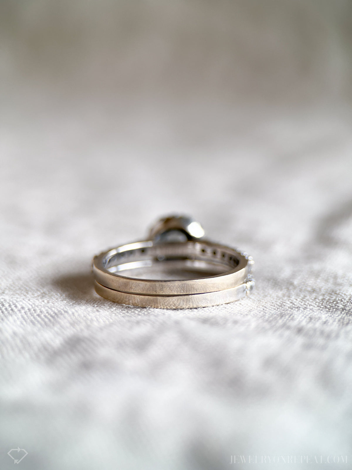 Vintage Diamond Engagement & Wedding Ring Set, Round Cut, 14k White Gold, 1990s Halo Setting
