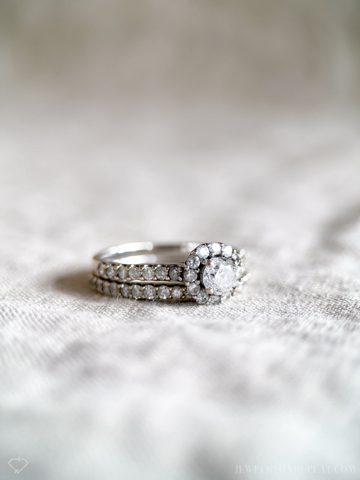 Vintage Diamond Engagement & Wedding Ring Set, Round Cut, 14k White Gold, 1990s Halo Setting