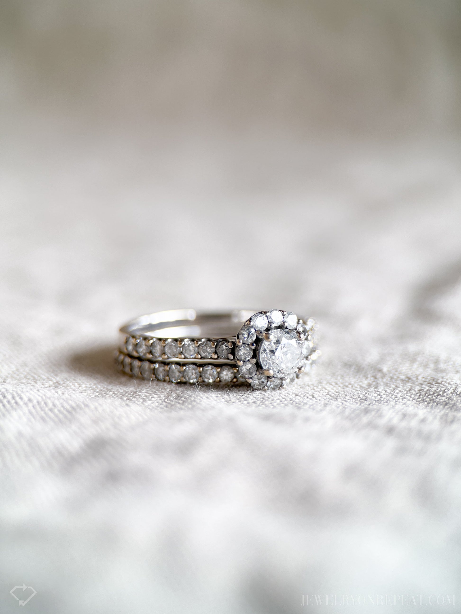 Vintage Diamond Halo Engagement Ring and Wedding Band Set in 14k White Gold