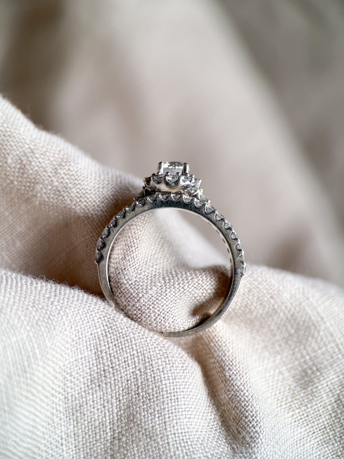 Vintage Diamond Halo Engagement Ring and Wedding Band Set in 14k White Gold