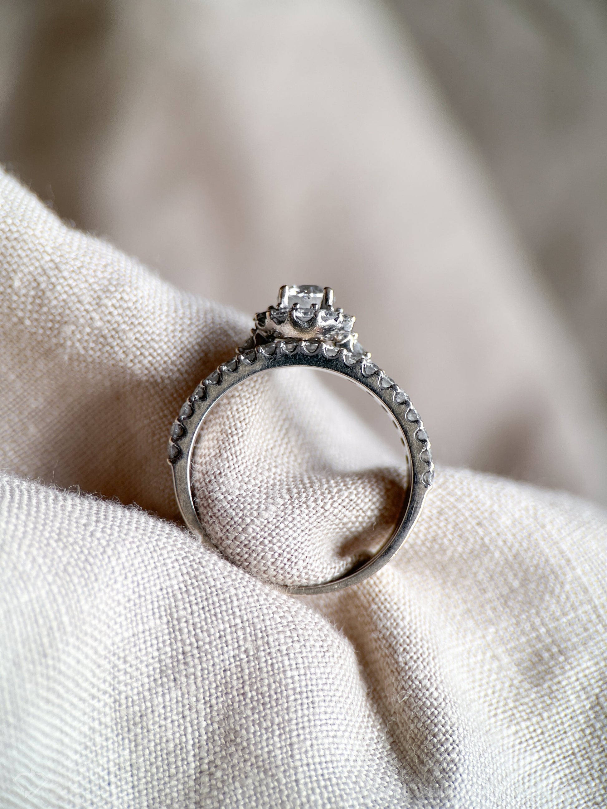 Vintage Diamond Engagement & Wedding Ring Set, Round Cut, 14k White Gold, 1990s Halo Setting