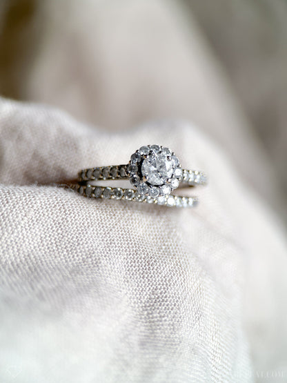 Vintage Diamond Engagement & Wedding Ring Set, Round Cut, 14k White Gold, 1990s Halo Setting