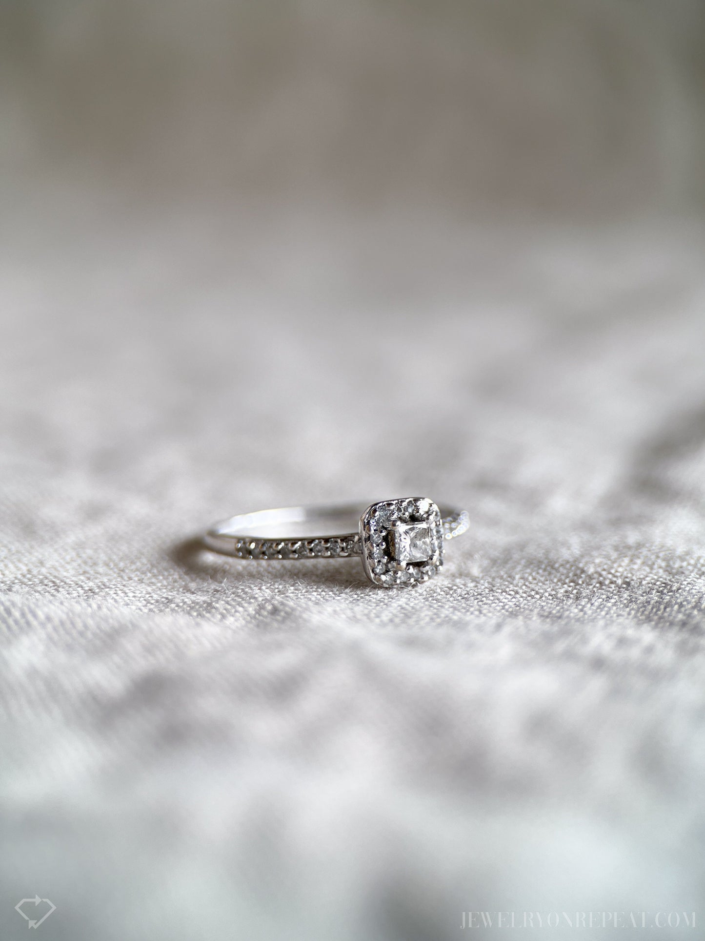 Vintage Diamond Engagement Ring, Princess Cut, 10k White Gold, 1990s Halo Bridal Ring