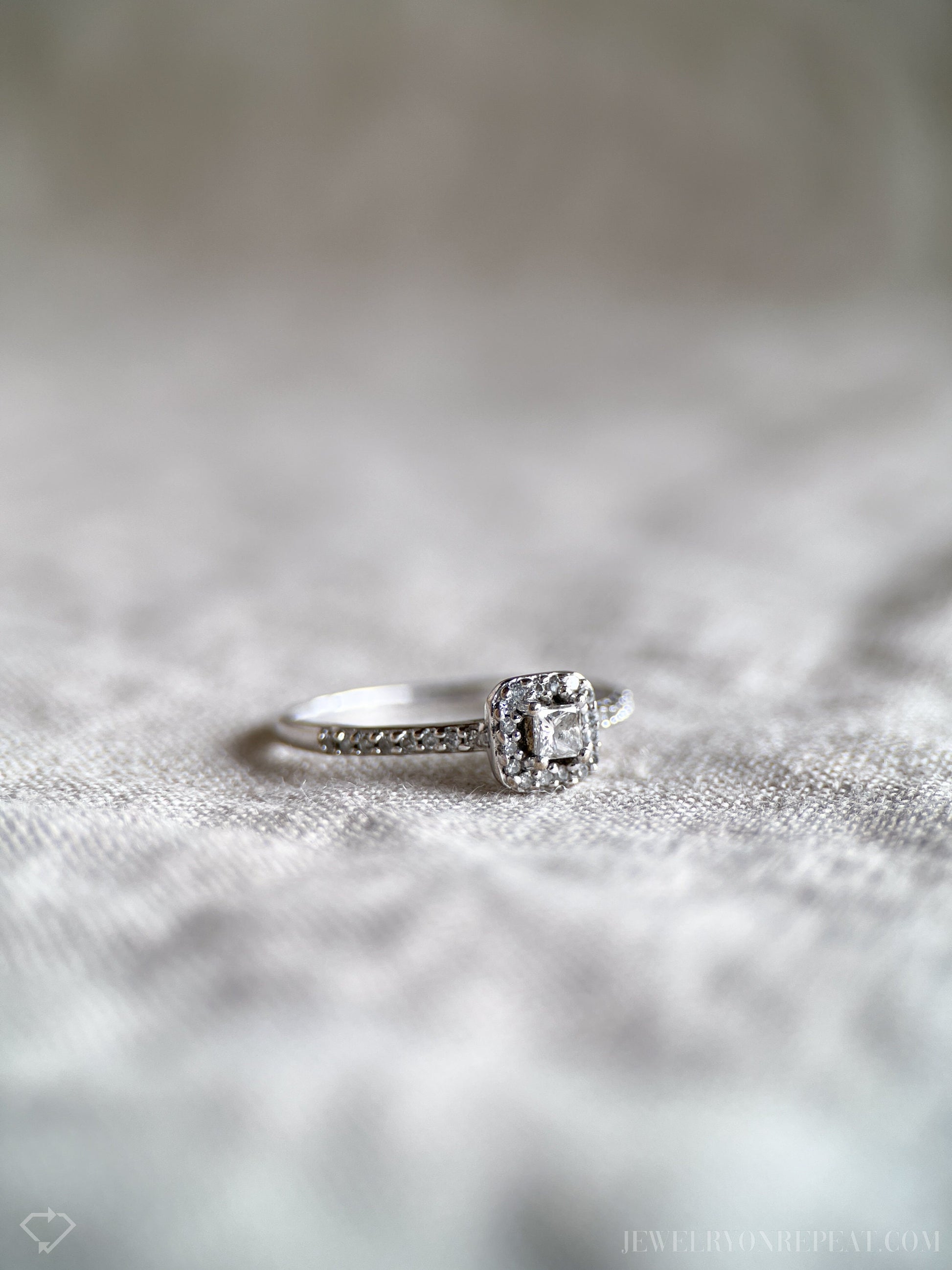 Vintage Diamond Engagement Ring, Princess Cut, 10k White Gold, 1990s Halo Bridal Ring