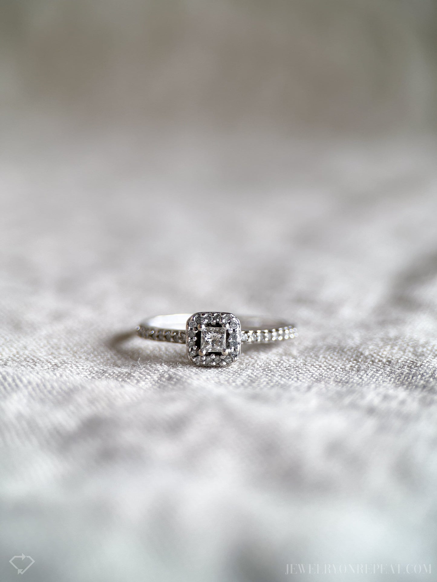 Vintage Diamond Engagement Ring, Princess Cut, 10k White Gold, 1990s Halo Bridal Ring