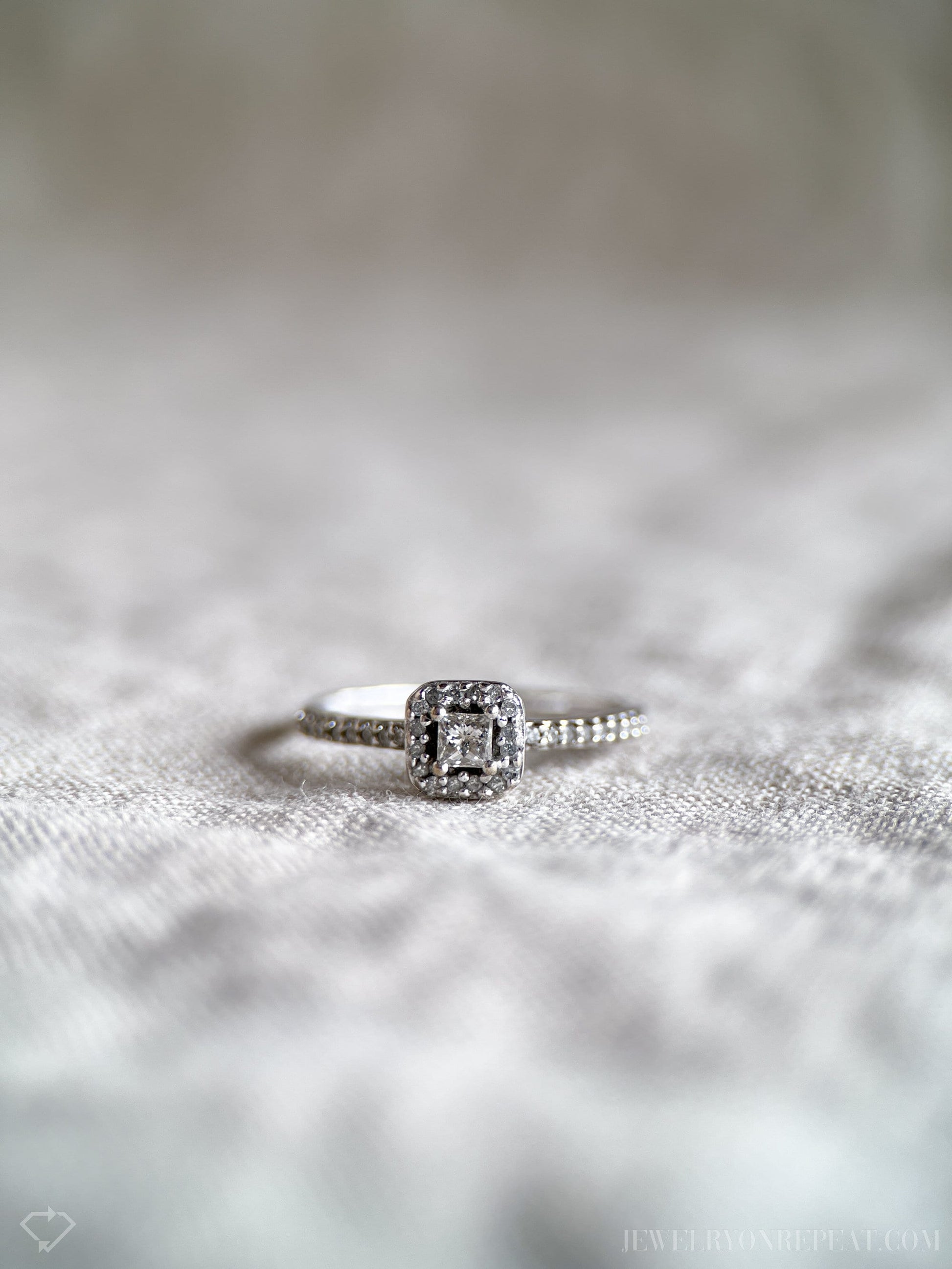 Vintage Diamond Engagement Ring, Princess Cut, 10k White Gold, 1990s Halo Bridal Ring