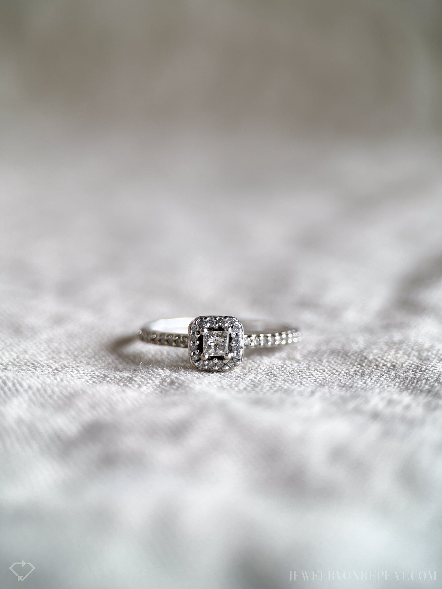 Vintage Diamond Engagement Ring, Princess Cut, 10k White Gold, 1990s Halo Bridal Ring
