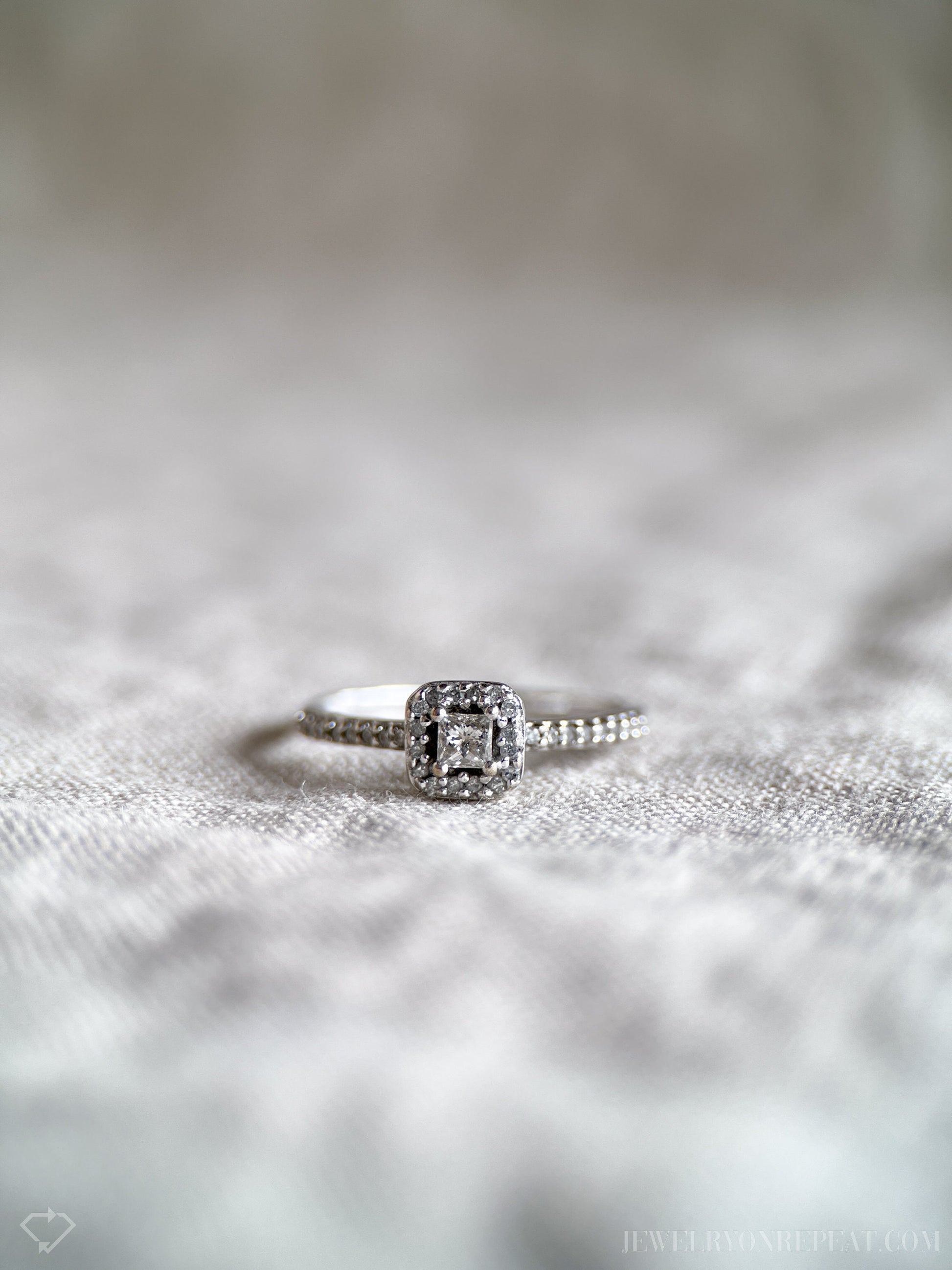 Vintage Diamond Engagement Ring, Princess Cut, 10k White Gold, 1990s Halo Bridal Ring