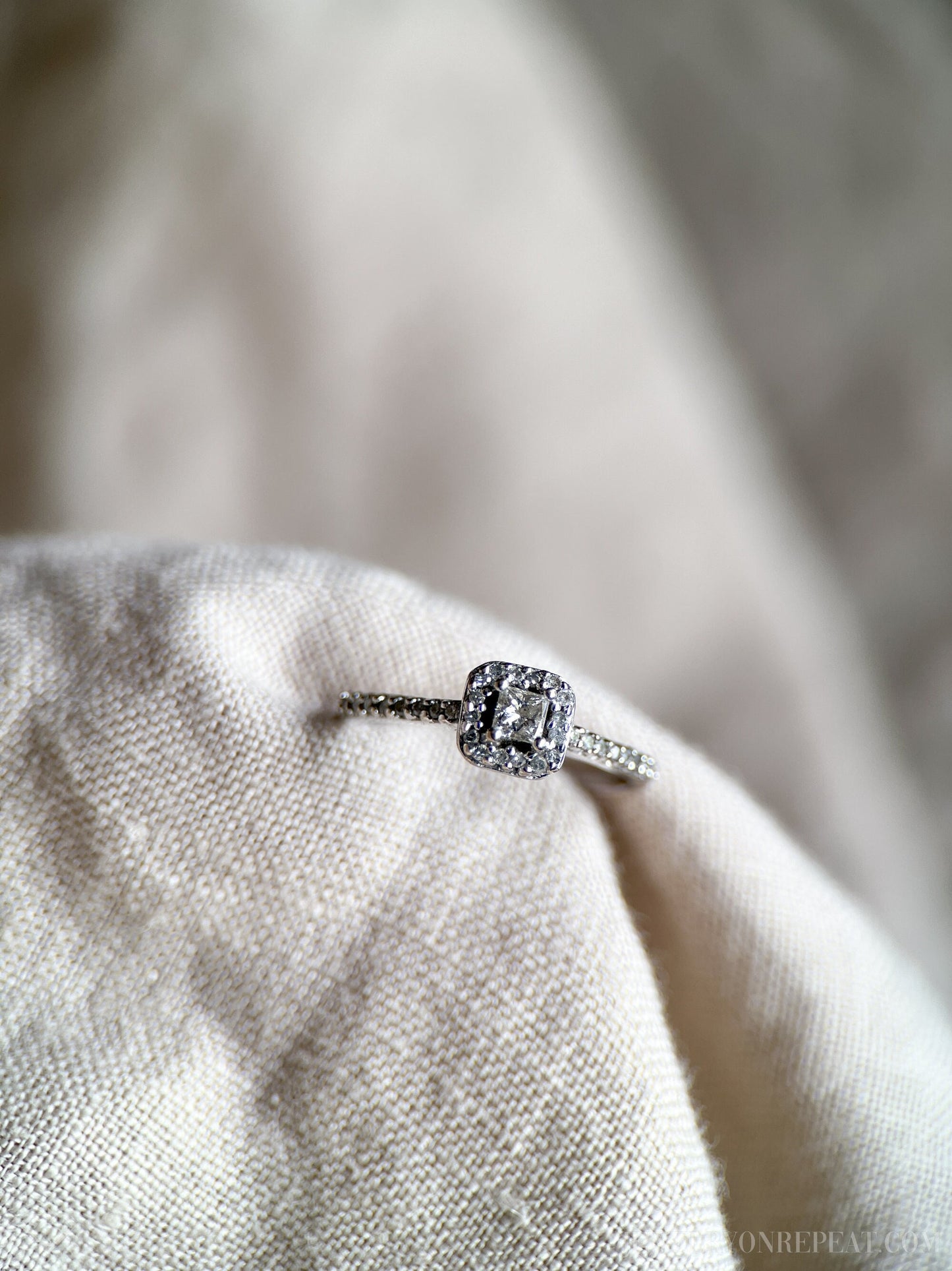 Vintage Diamond Engagement Ring, Princess Cut, 10k White Gold, 1990s Halo Bridal Ring