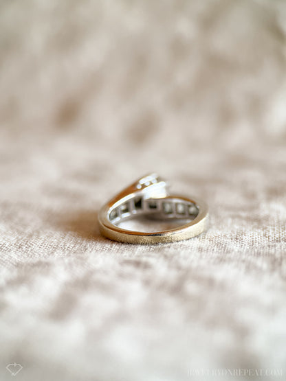 Vintage Diamond Engagement Ring, Round Cut, 14k White Gold, 1990s Swirl Channel Set Design