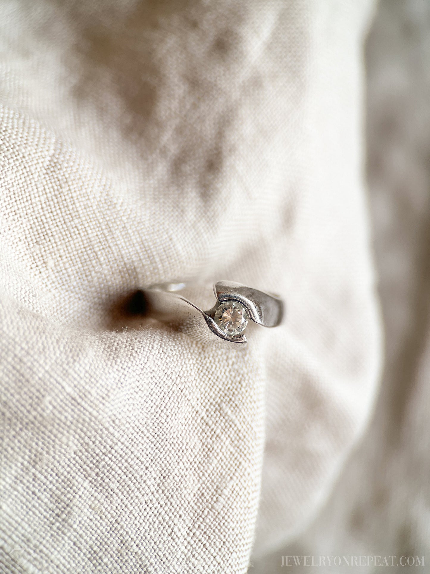Vintage Diamond Engagement Ring, Round Cut, 14k White Gold, 1990s Swirl Solitaire Bridal Ring