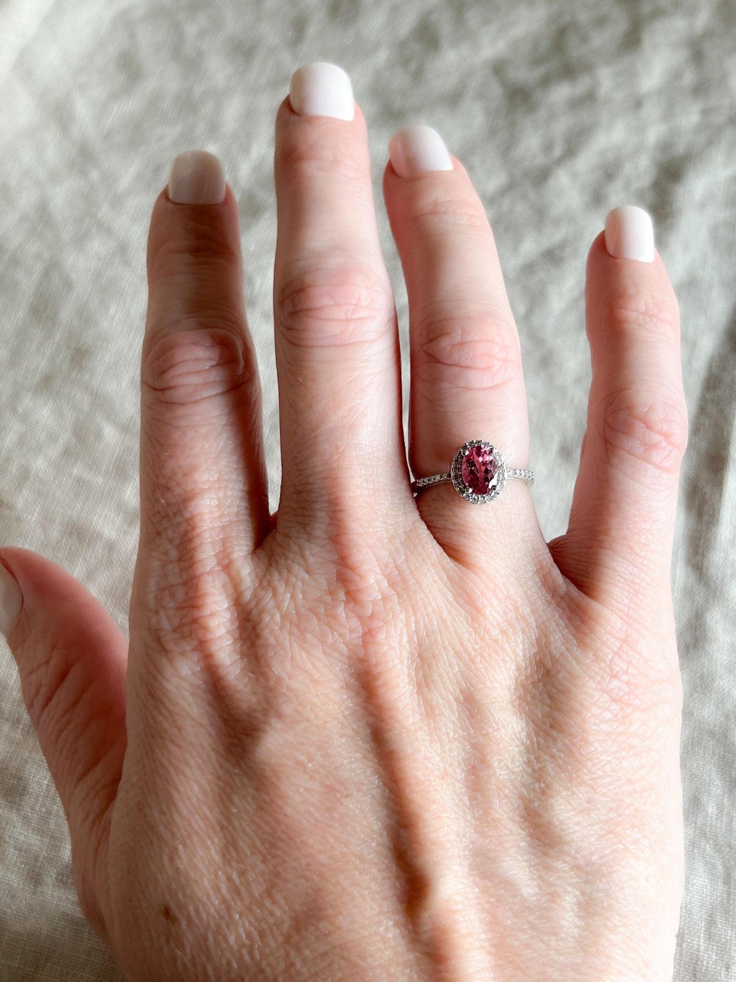 Vintage 1990s Tourmaline & Diamond Engagement Ring, 14k White Gold, Oval Halo Gemstone Bridal Jewelry