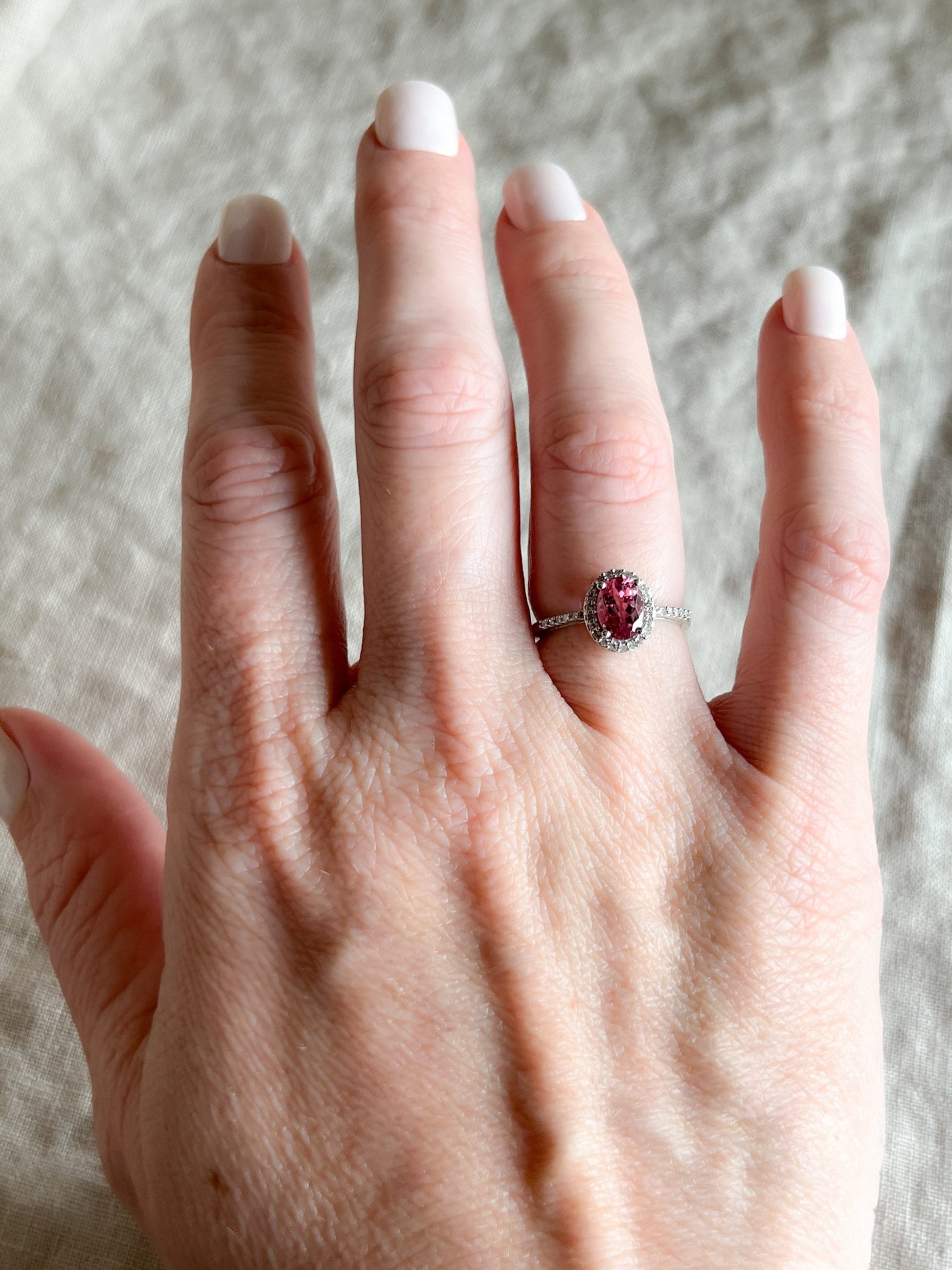 Vintage Pink Tourmaline Gemstone Ring with Diamond Halo in 14k White Gold