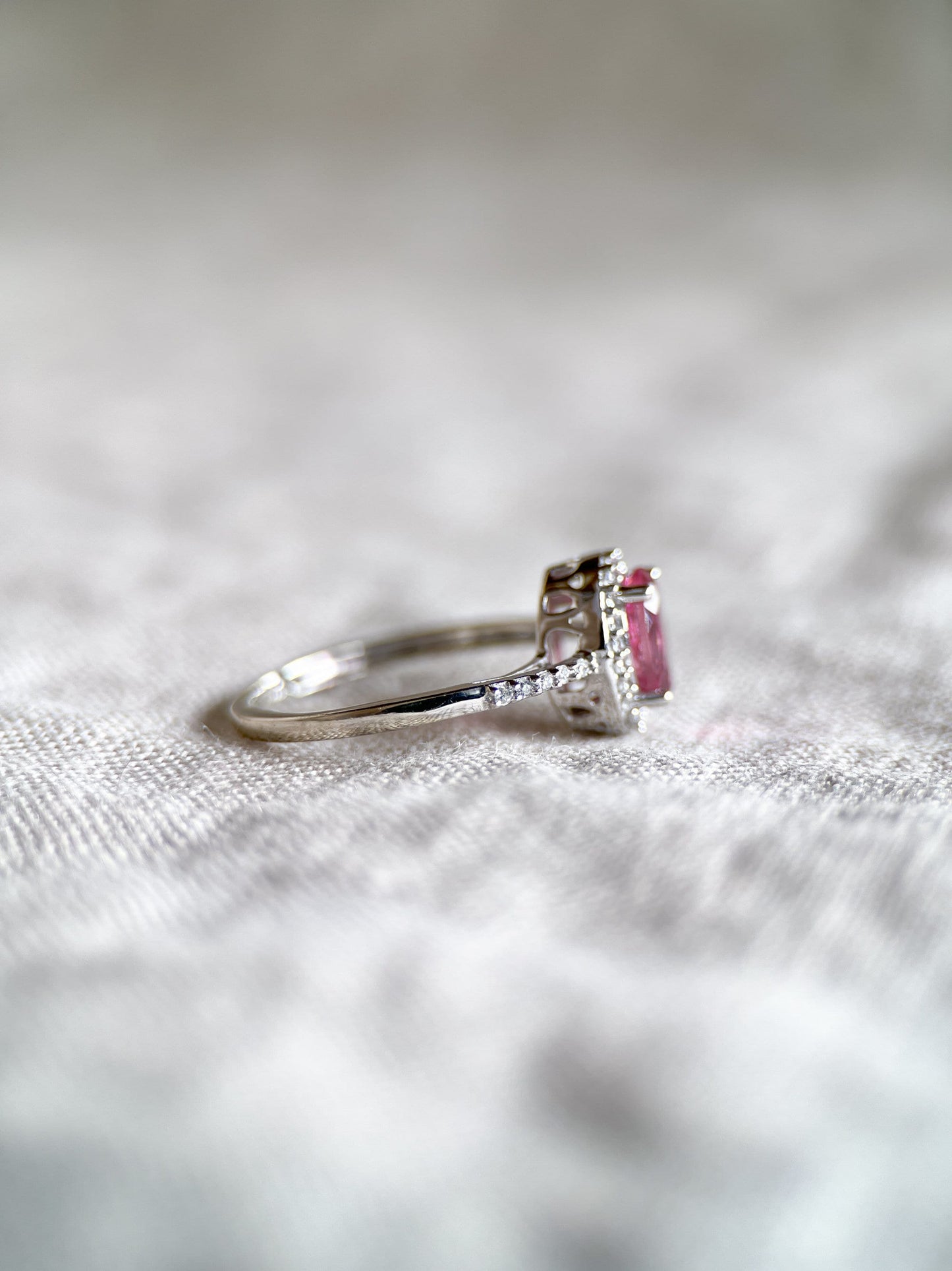 Vintage Pink Tourmaline Gemstone Ring with Diamond Halo in 14k White Gold