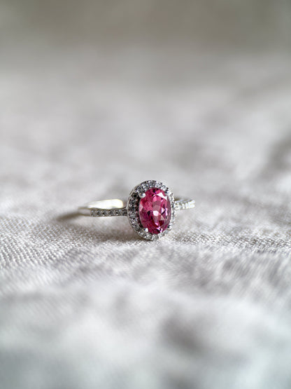 Vintage 1990s Tourmaline & Diamond Engagement Ring, 14k White Gold, Oval Halo Gemstone Bridal Jewelry