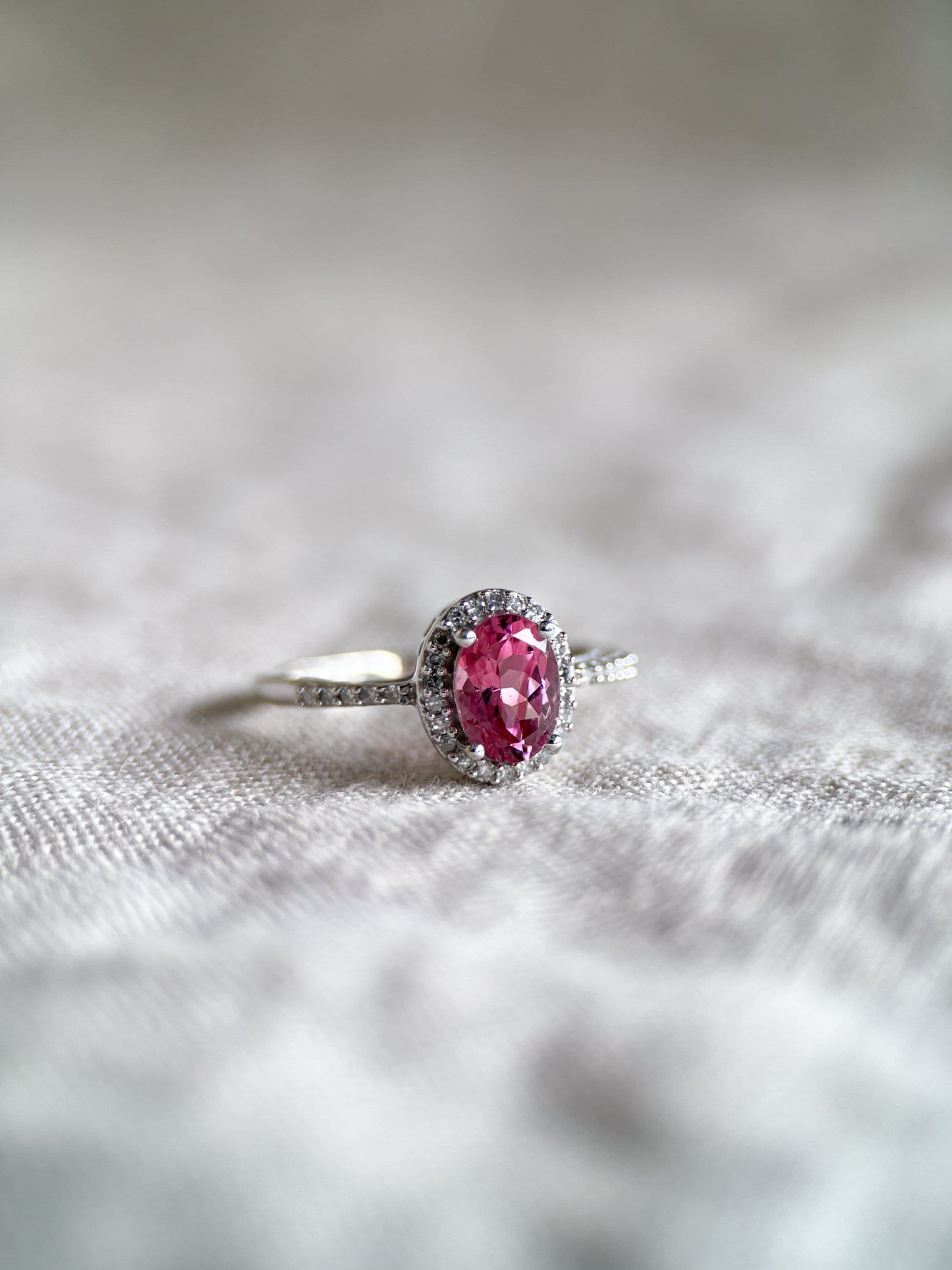 Vintage Pink Tourmaline Gemstone Ring with Diamond Halo in 14k White Gold