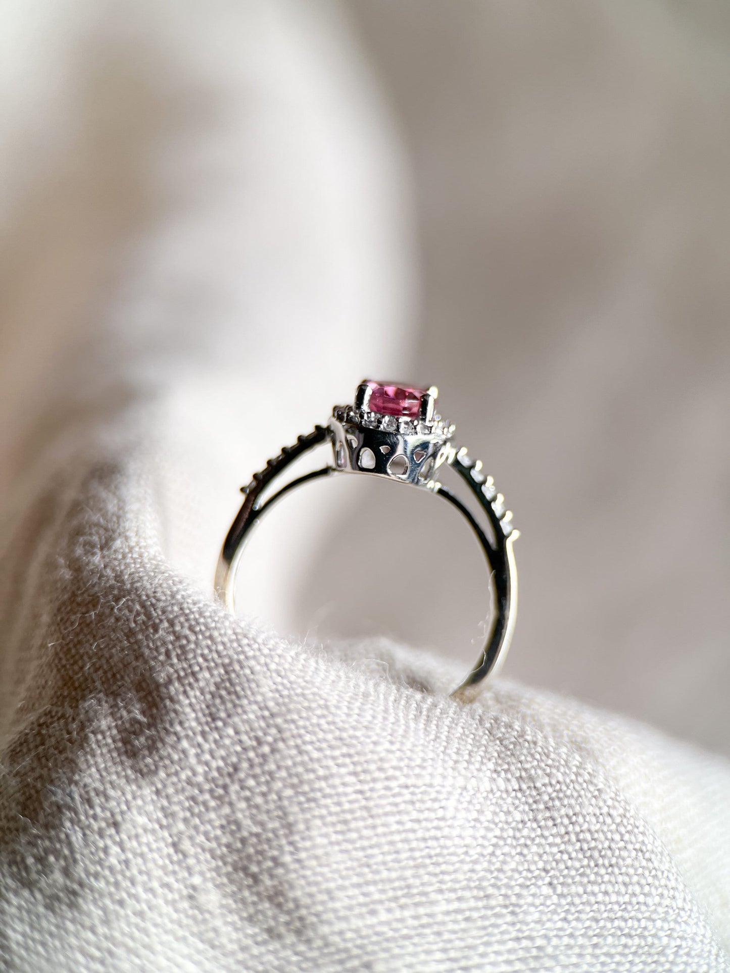 Vintage Pink Tourmaline Gemstone Ring with Diamond Halo in 14k White Gold