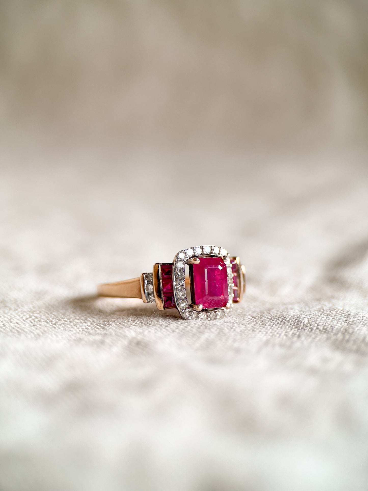 Vintage Ruby Three Stone Diamond Halo Gemstone Ring in 14k Gold