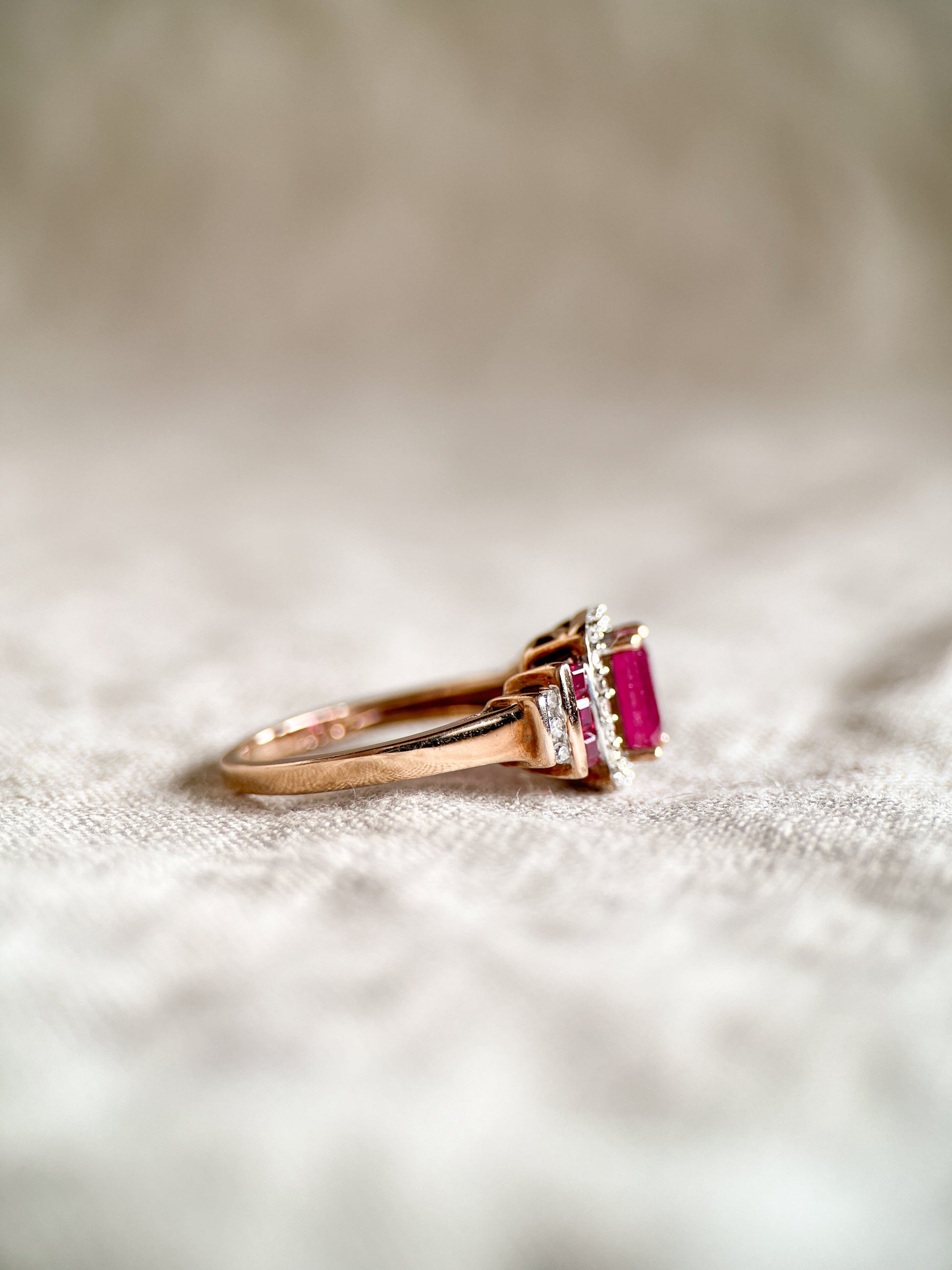 Vintage Ruby Three Stone Diamond Halo Gemstone Ring in 14k Gold