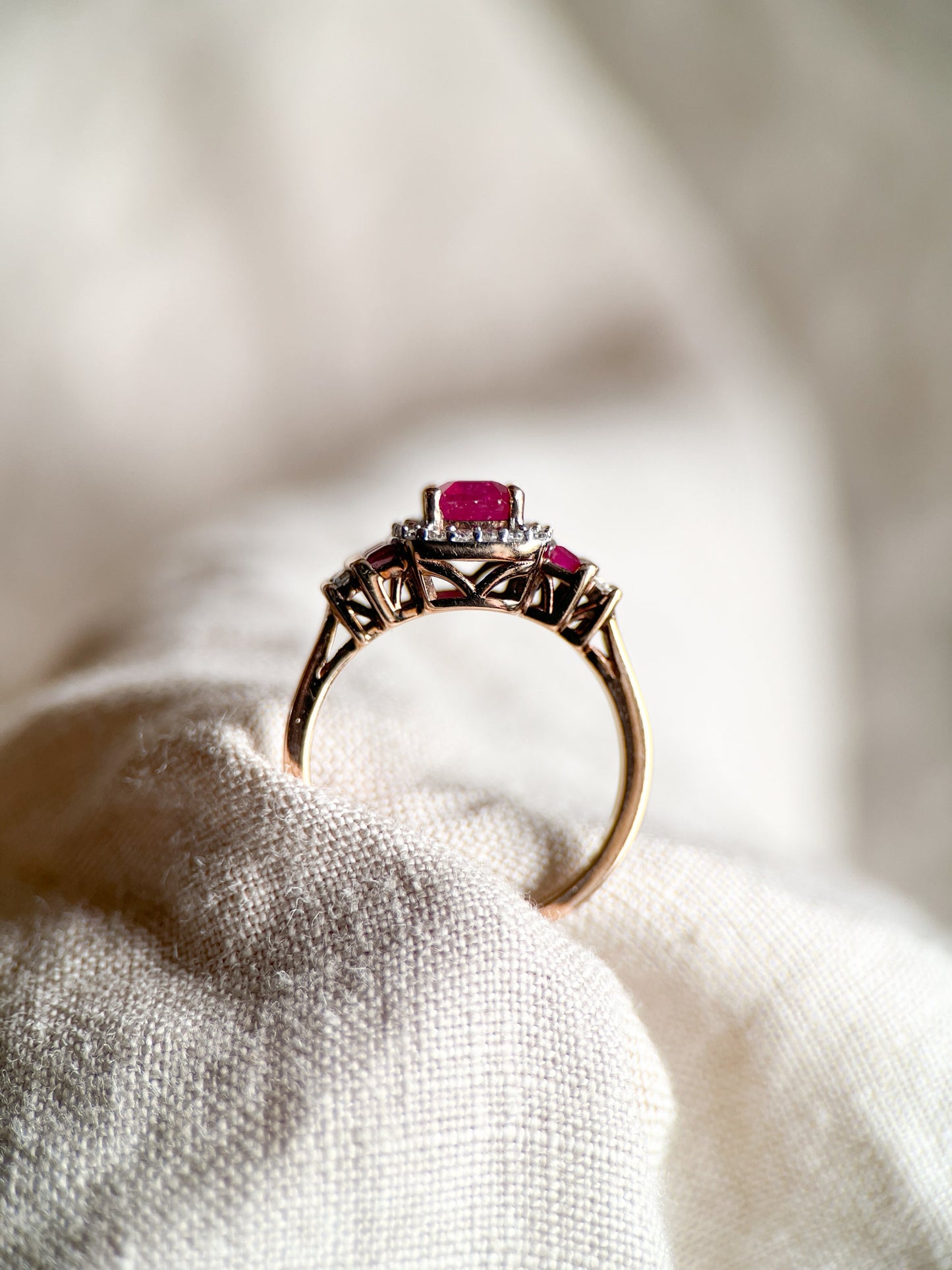 Vintage Ruby Three Stone Diamond Halo Gemstone Ring in 14k Gold