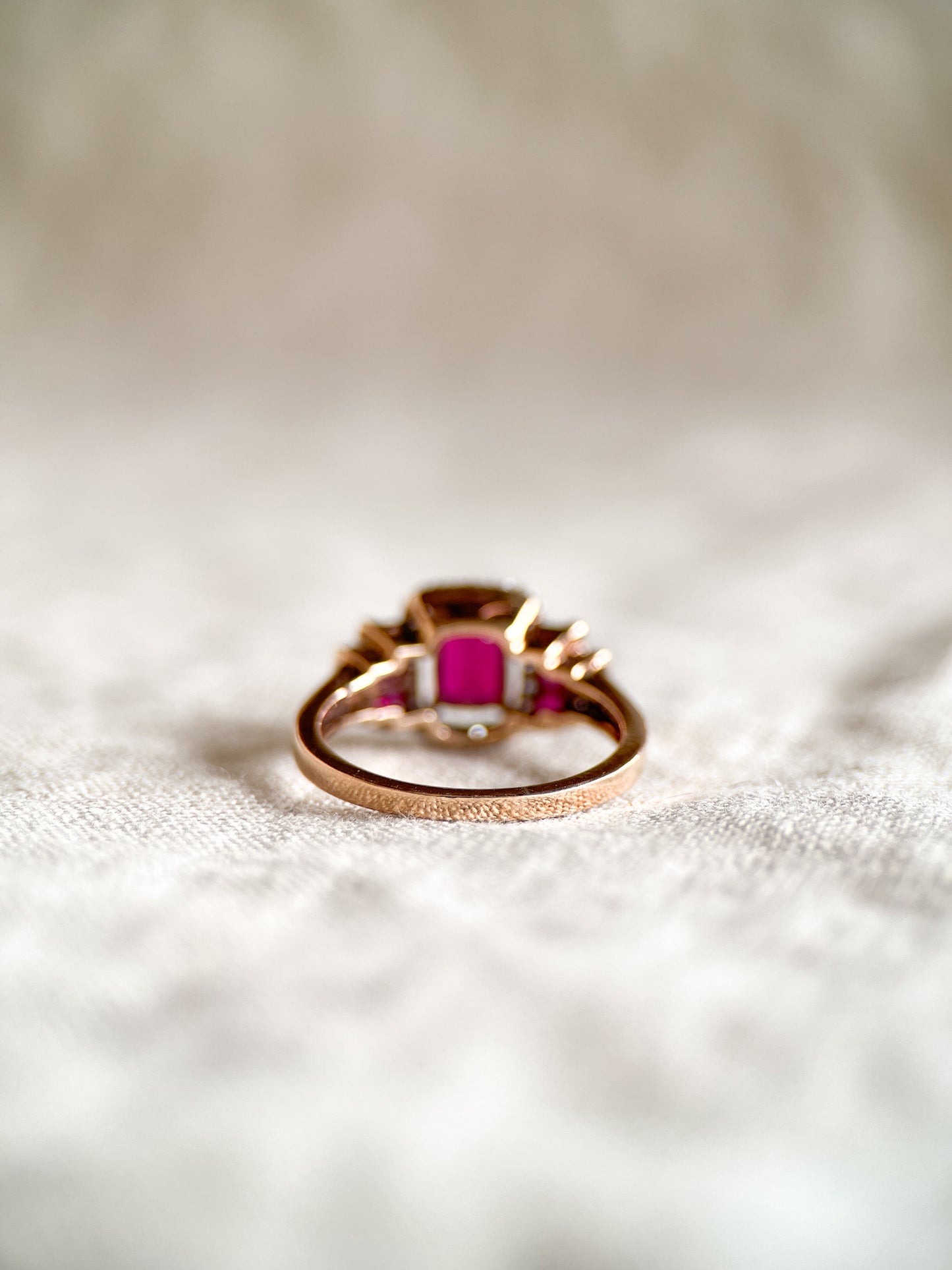 Vintage Ruby Three Stone Diamond Halo Gemstone Ring in 14k Gold