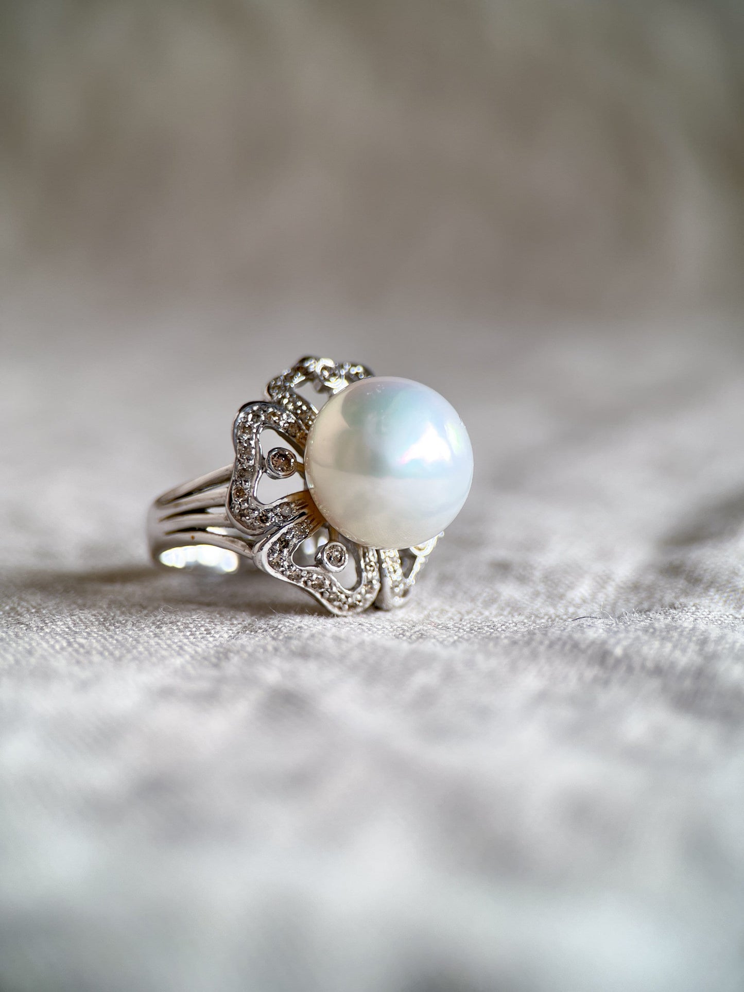 Vintage Pearl Gemstone Ring with Floral Halo in 18k White Gold