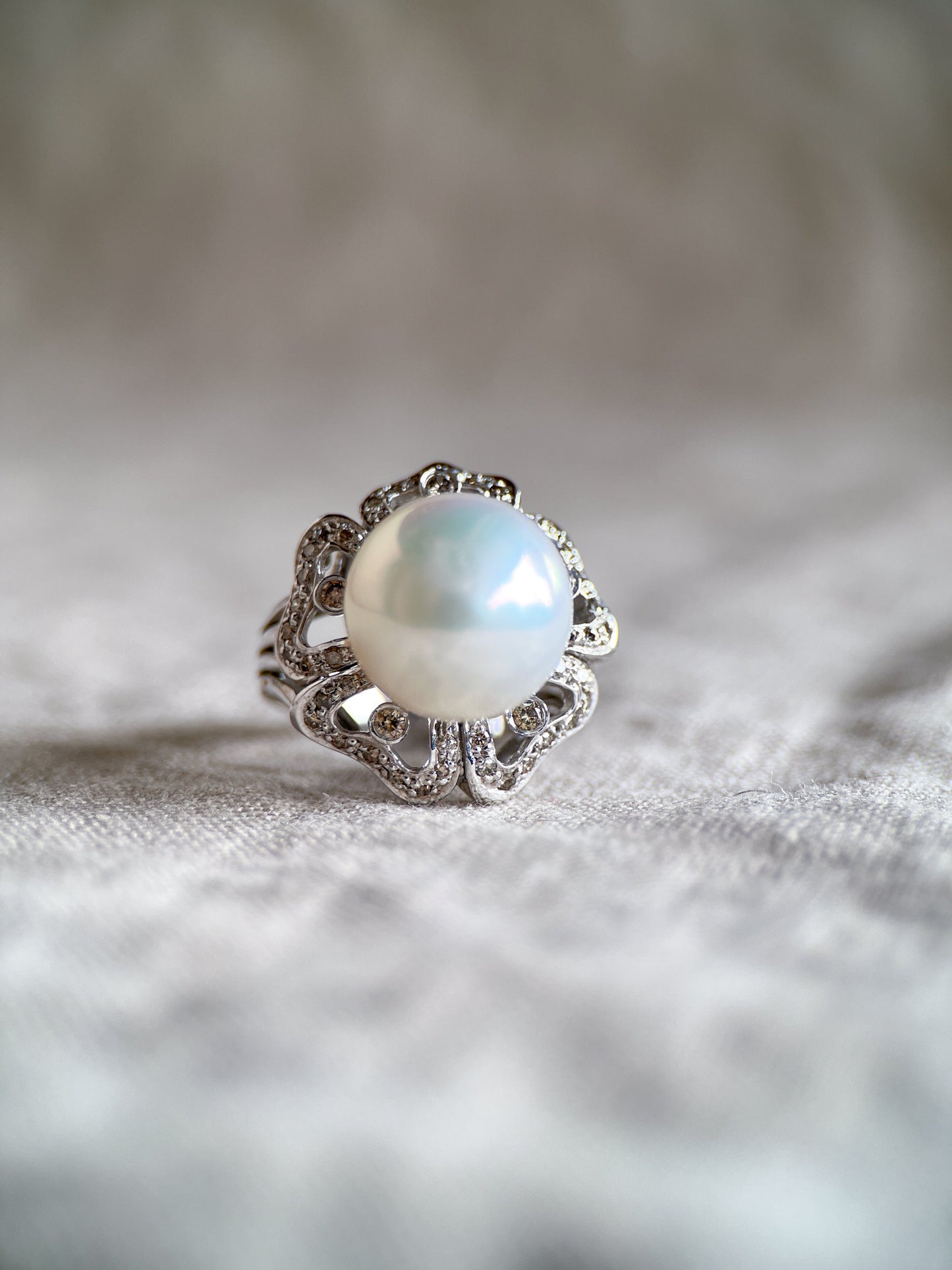 Vintage 1960s Pearl & Diamond Floral Ring, 18k White Gold