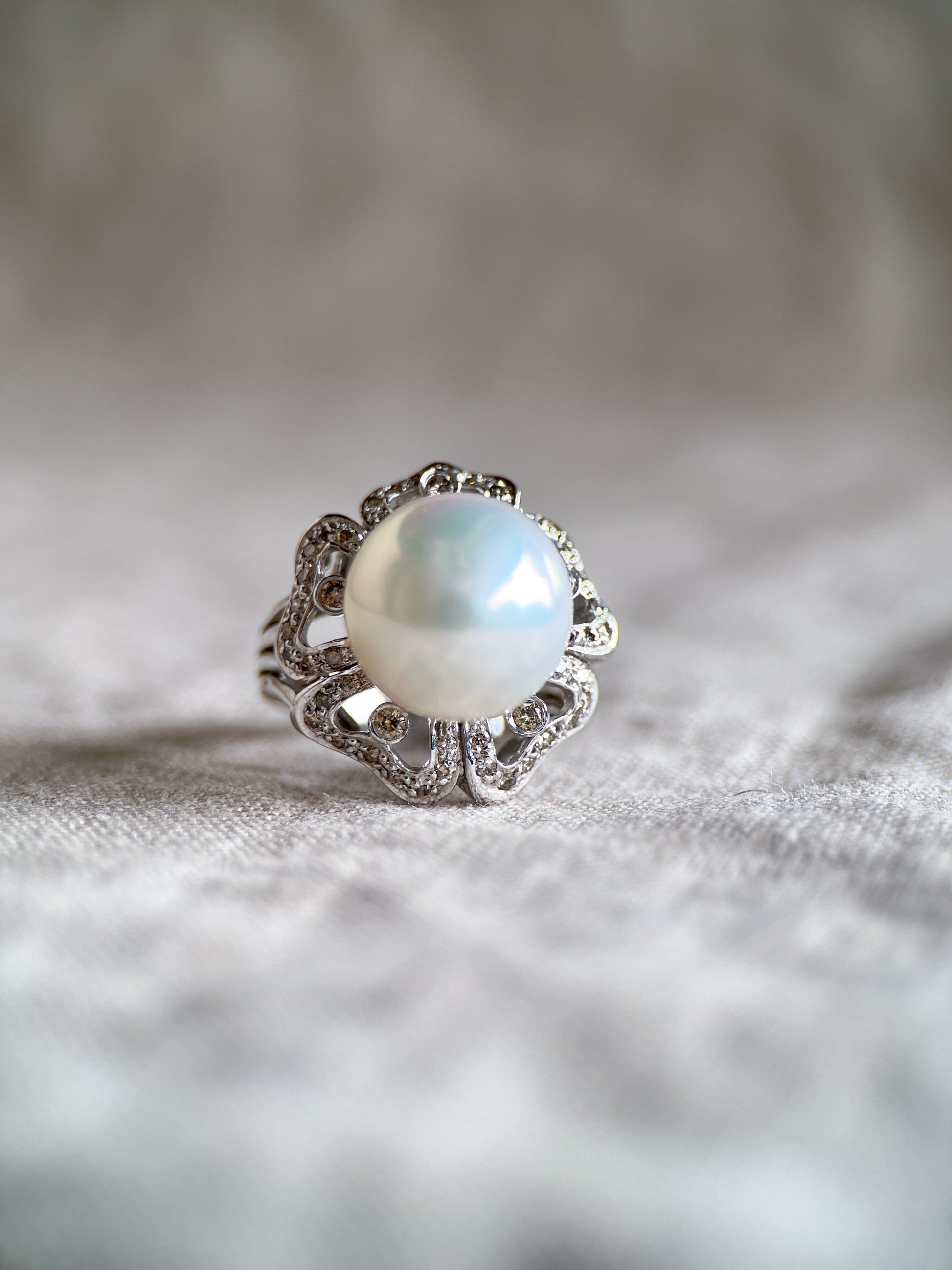 Vintage 1960s Pearl & Diamond Floral Ring, 18k White Gold