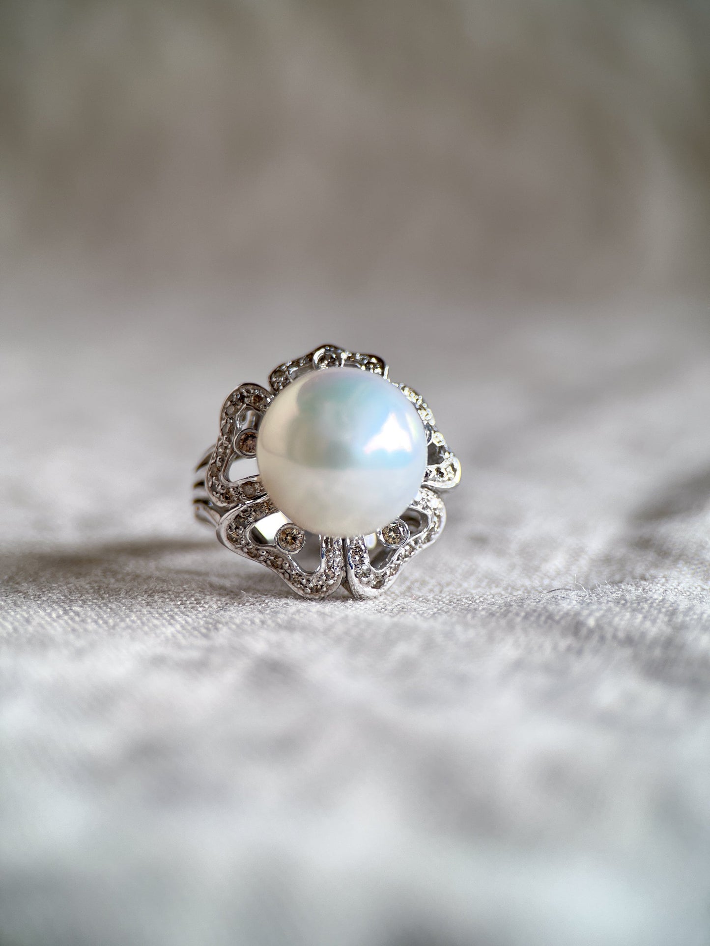 Vintage Pearl Gemstone Ring with Floral Halo in 18k White Gold