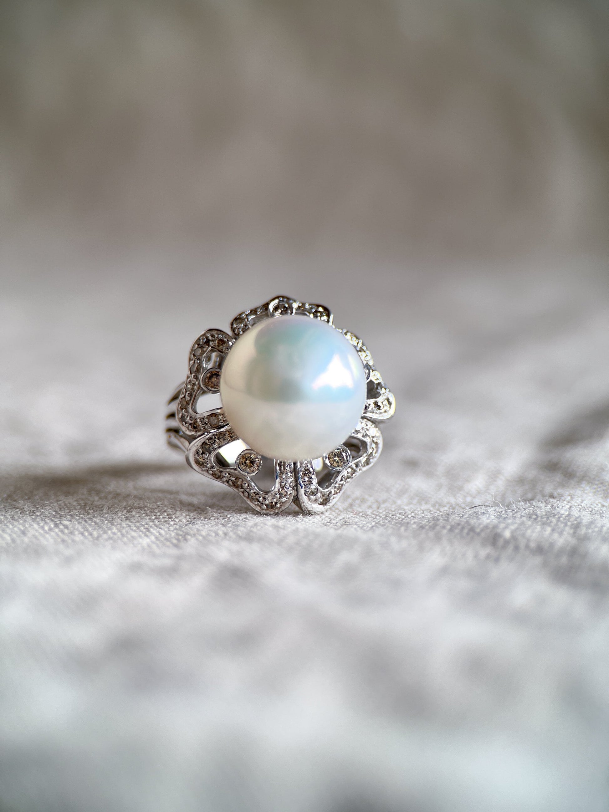 Vintage Pearl Gemstone Ring with Floral Halo in 18k White Gold