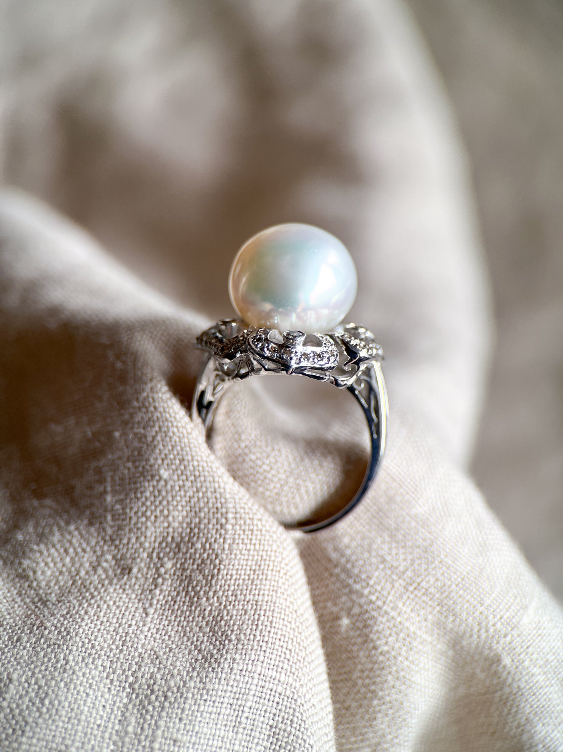 Vintage 1960s Pearl & Diamond Floral Ring, 18k White Gold
