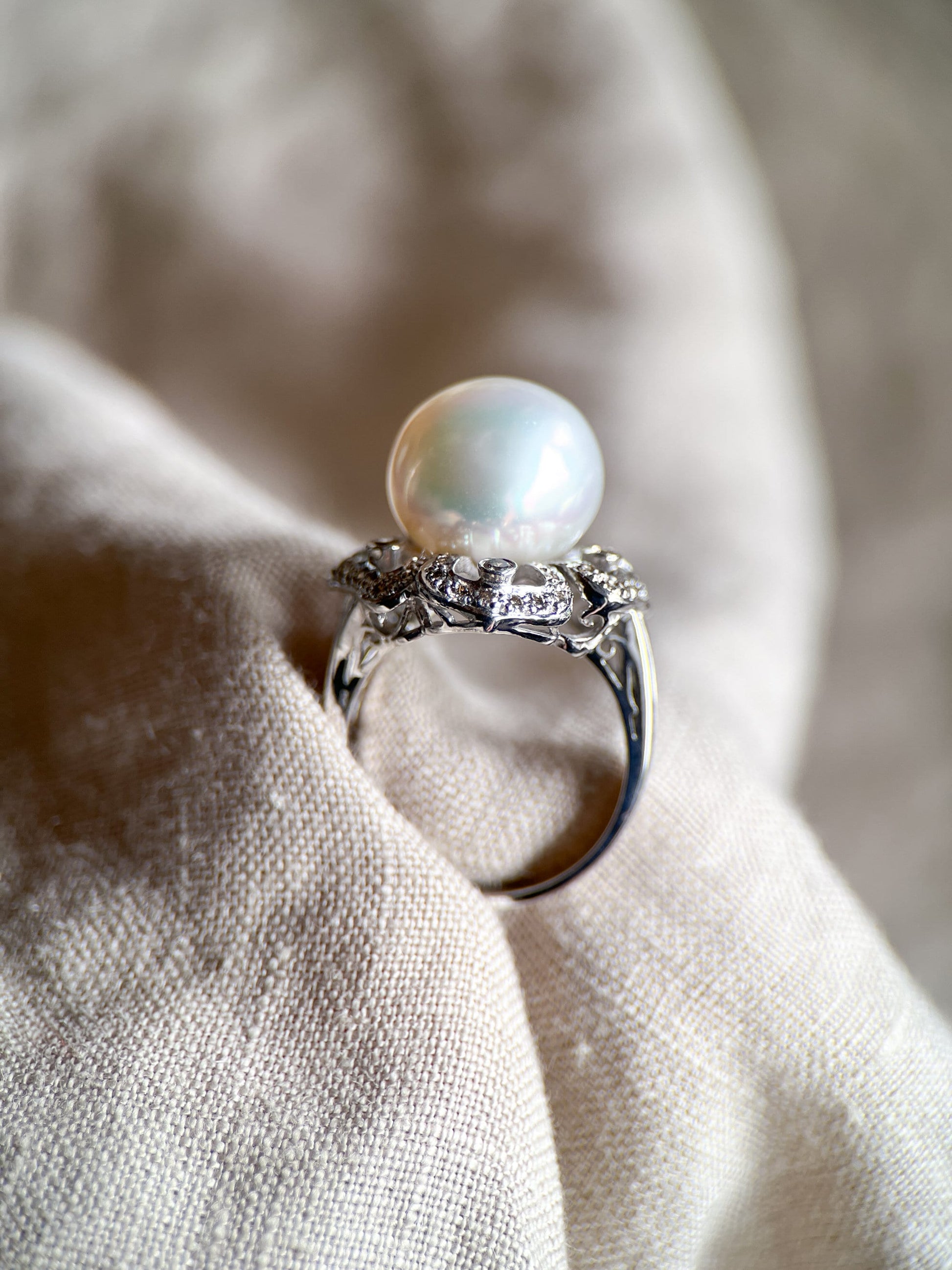 Vintage Pearl Gemstone Ring with Floral Halo in 18k White Gold