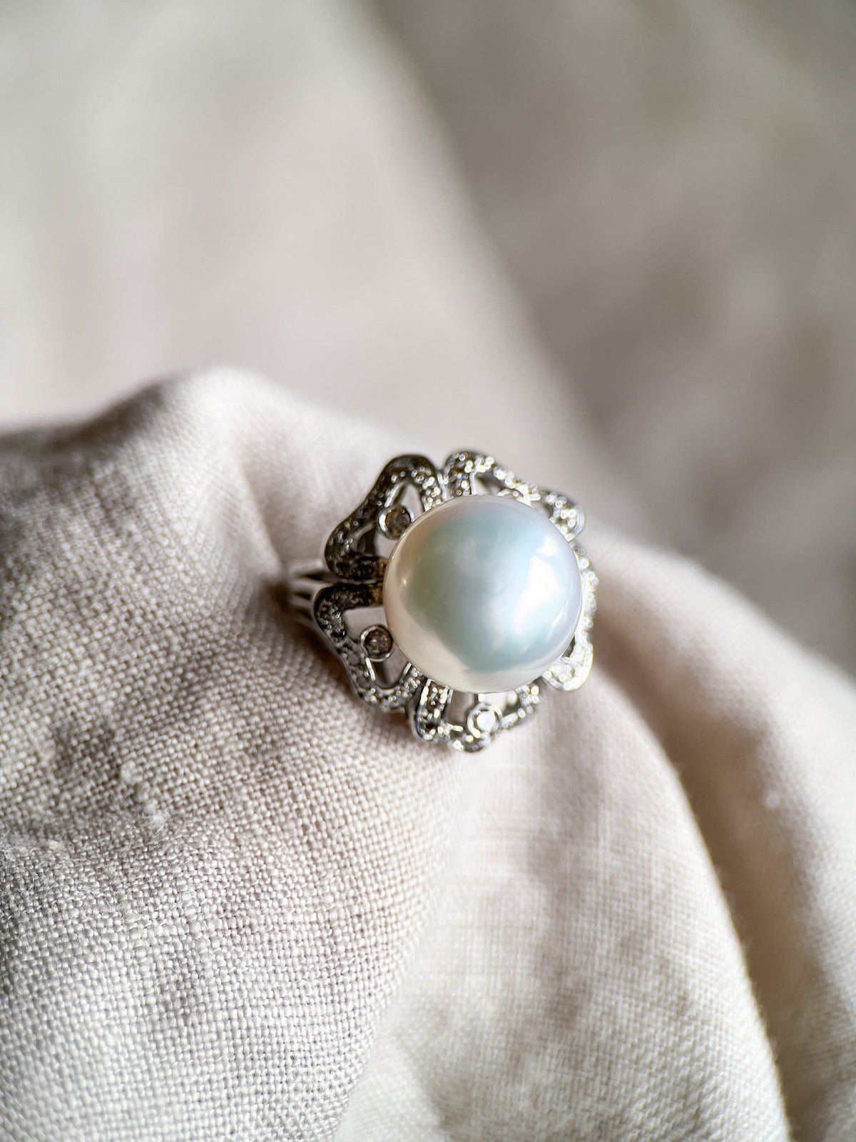 Vintage 1960s Pearl & Diamond Floral Ring, 18k White Gold
