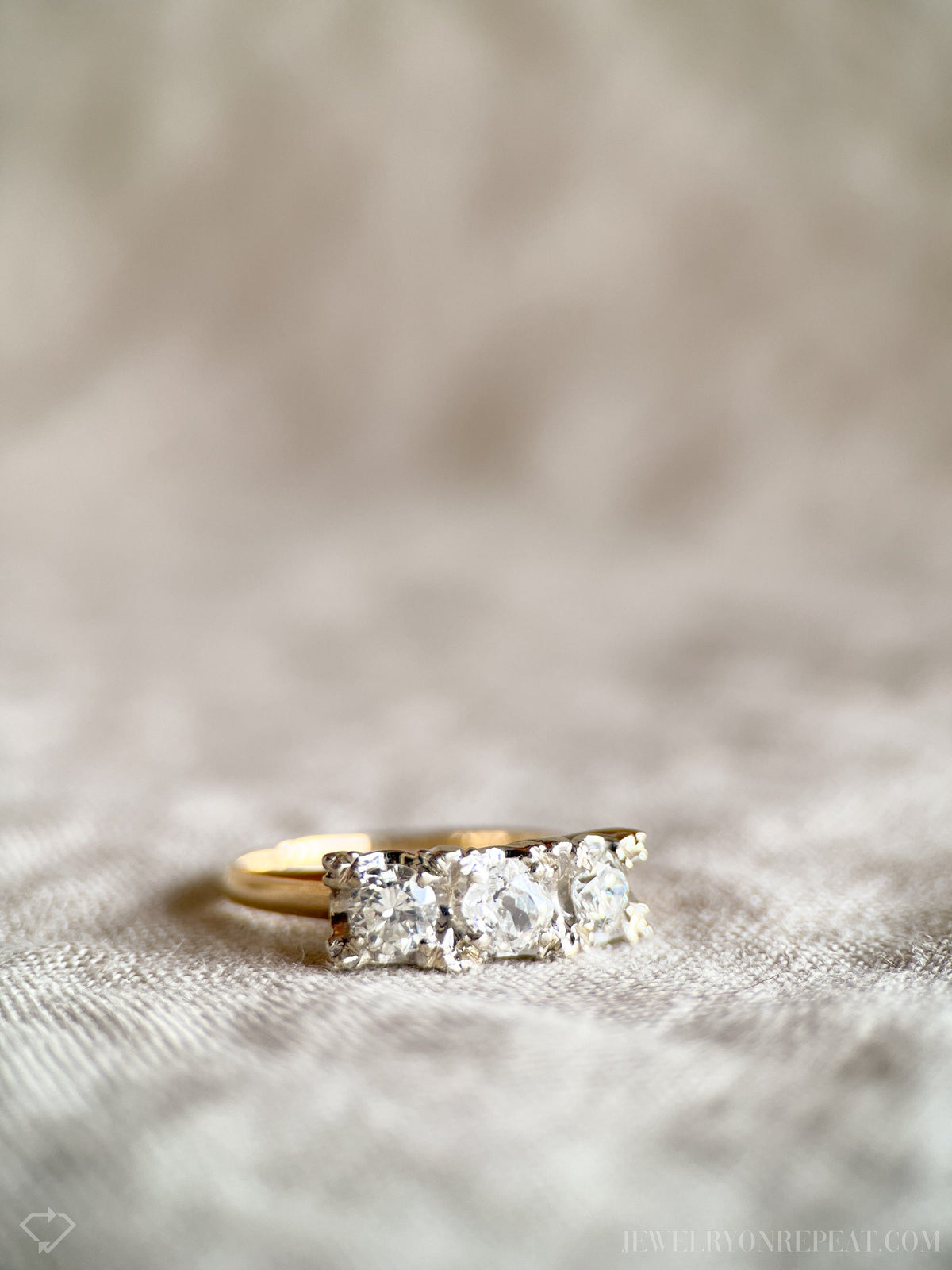 Antique 1920s Three Stone Diamond Engagement Ring, 14k Gold