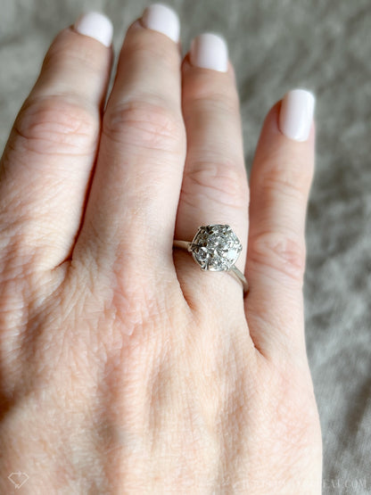 Vintage Diamond Halo Engagement Ring, Round Cut, 14k White Gold, Cluster Bridal Ring