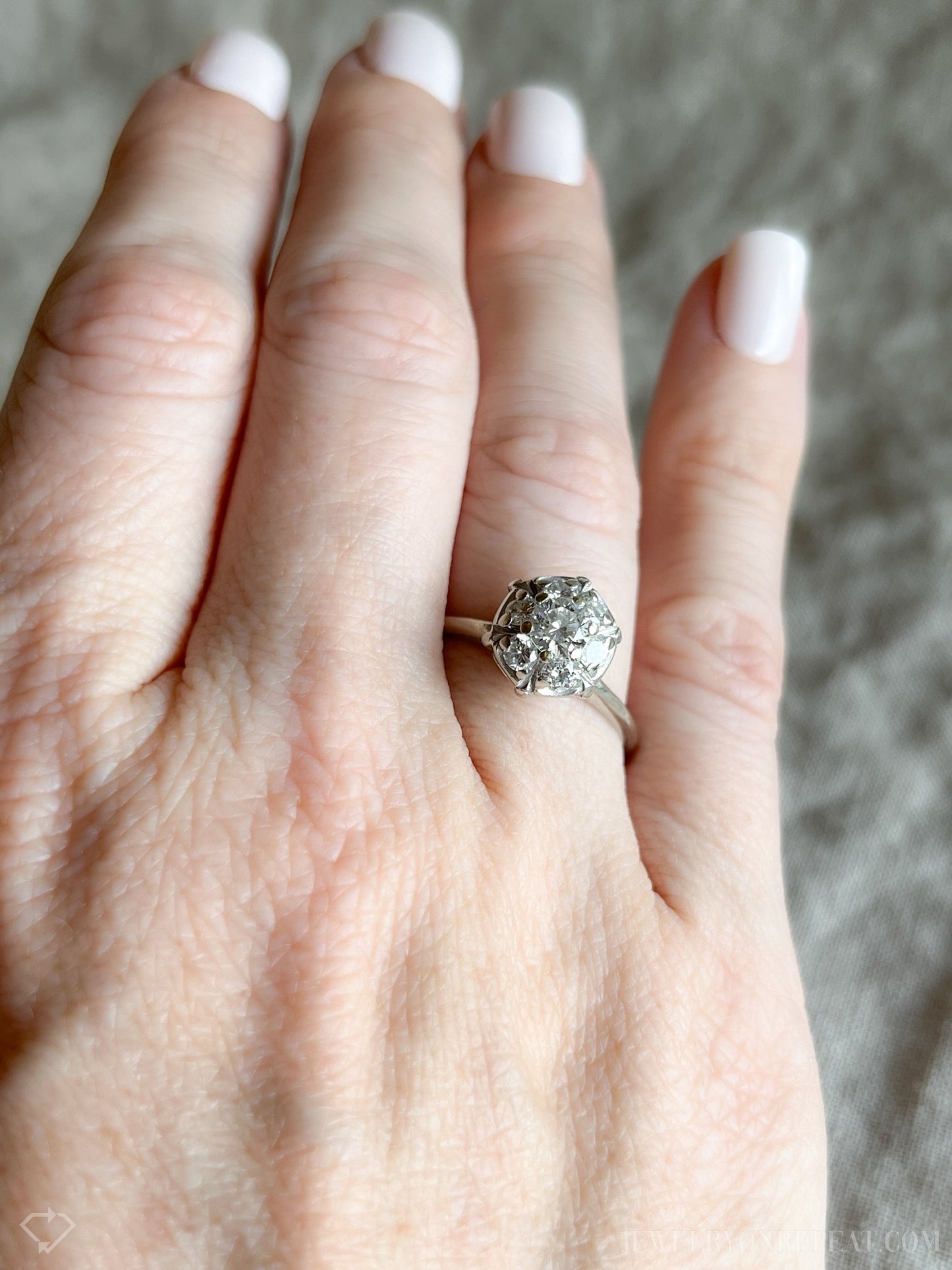 Vintage Diamond Engagement Ring, Round Cut, 14k White Gold, 1990s Halo Cluster Bridal Ring