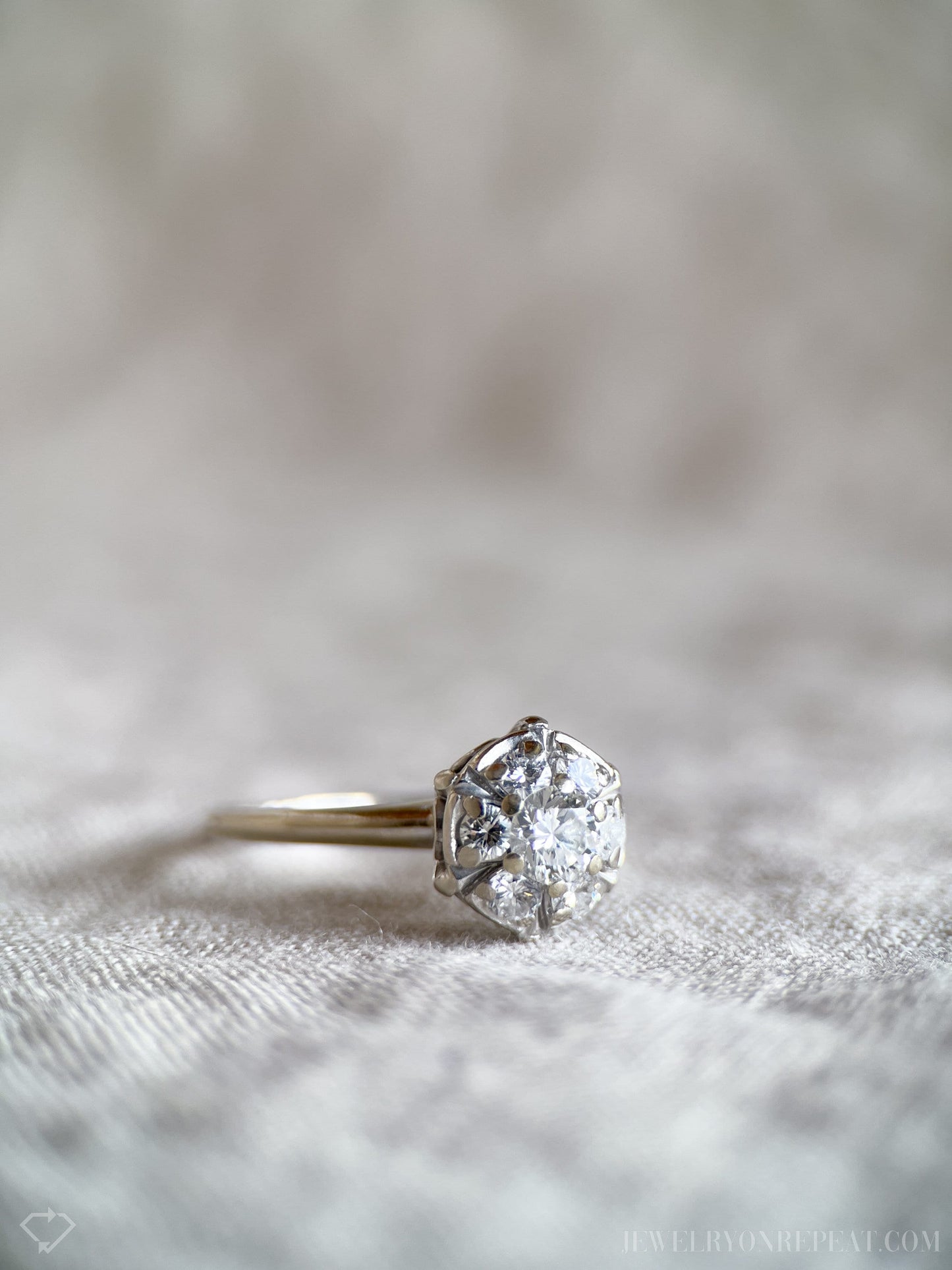 Vintage Diamond Halo Engagement Ring, Round Cut, 14k White Gold, Cluster Bridal Ring