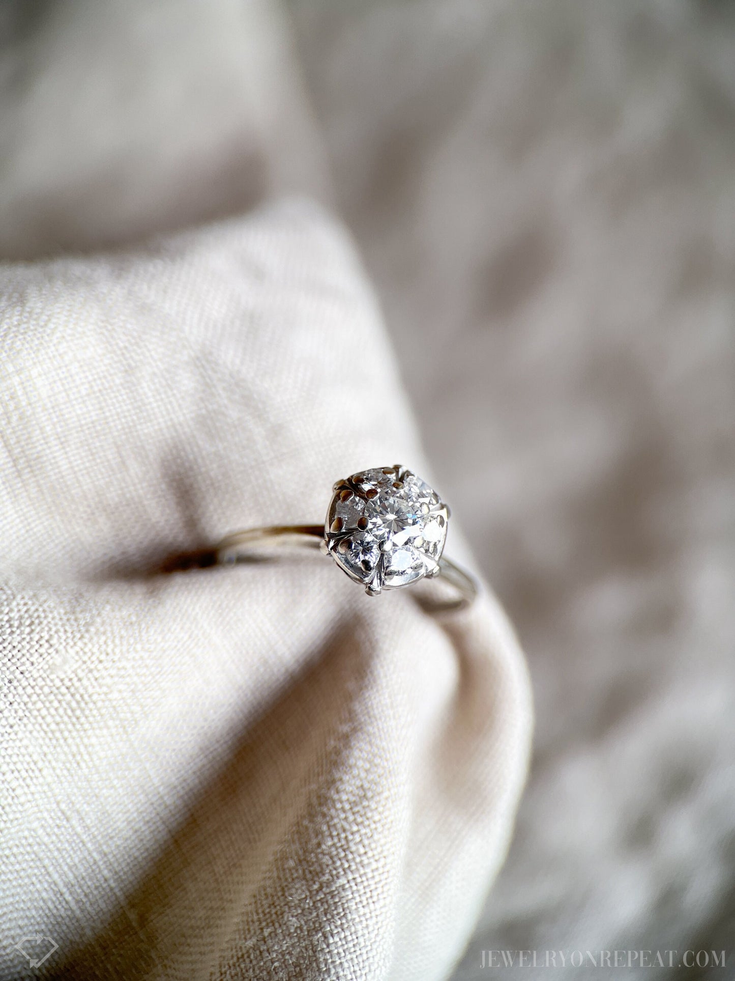 Vintage Diamond Halo Cluster Engagement Ring in 14k White Gold