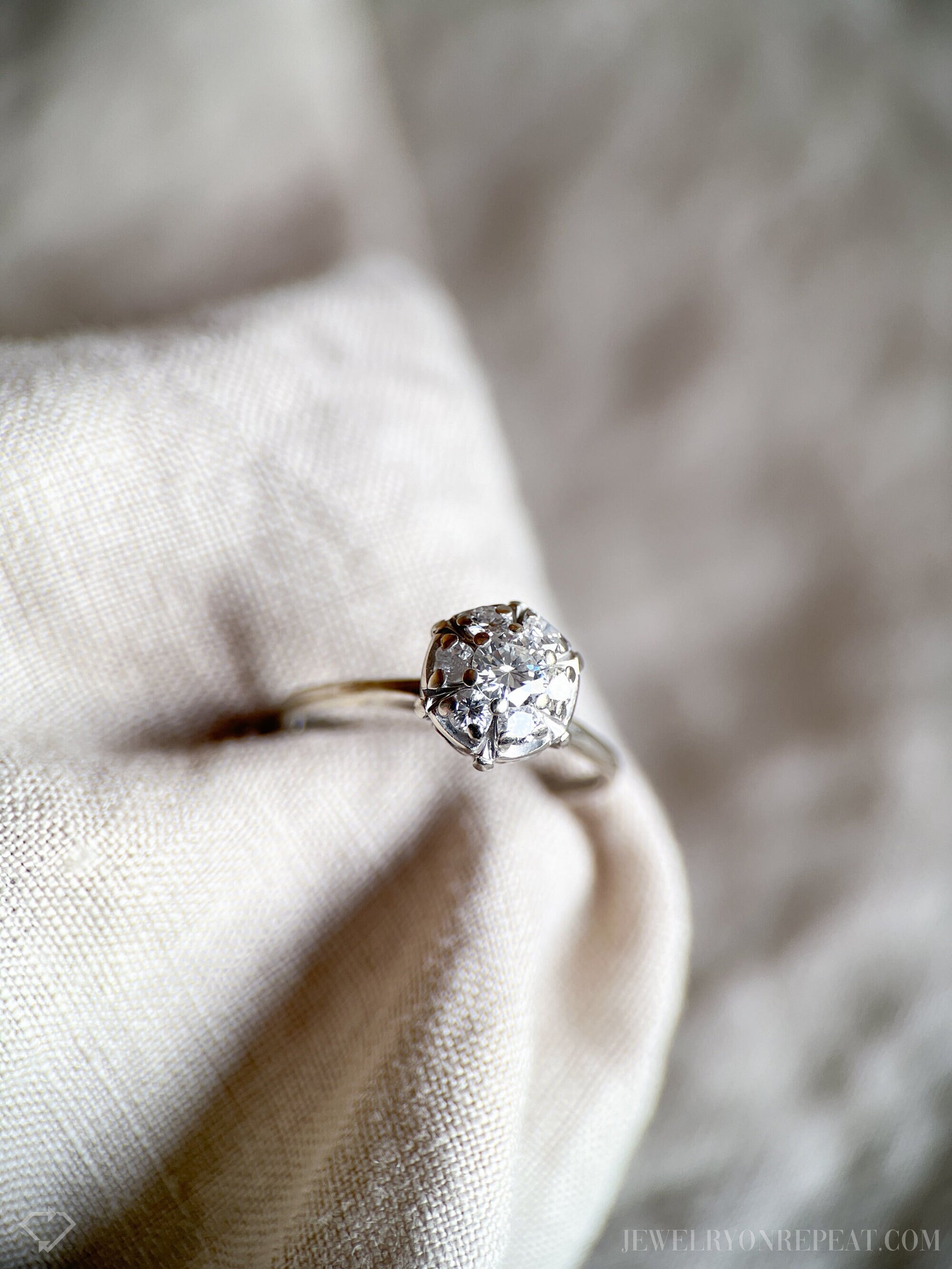 Vintage Diamond Halo Engagement Ring, Round Cut, 14k White Gold, Cluster Bridal Ring