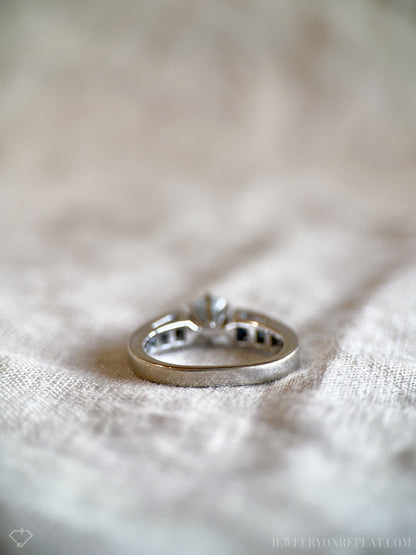 Vintage Diamond Engagement Ring, Round Cut, 14k White Gold, 1990s Channel Set Cathedral