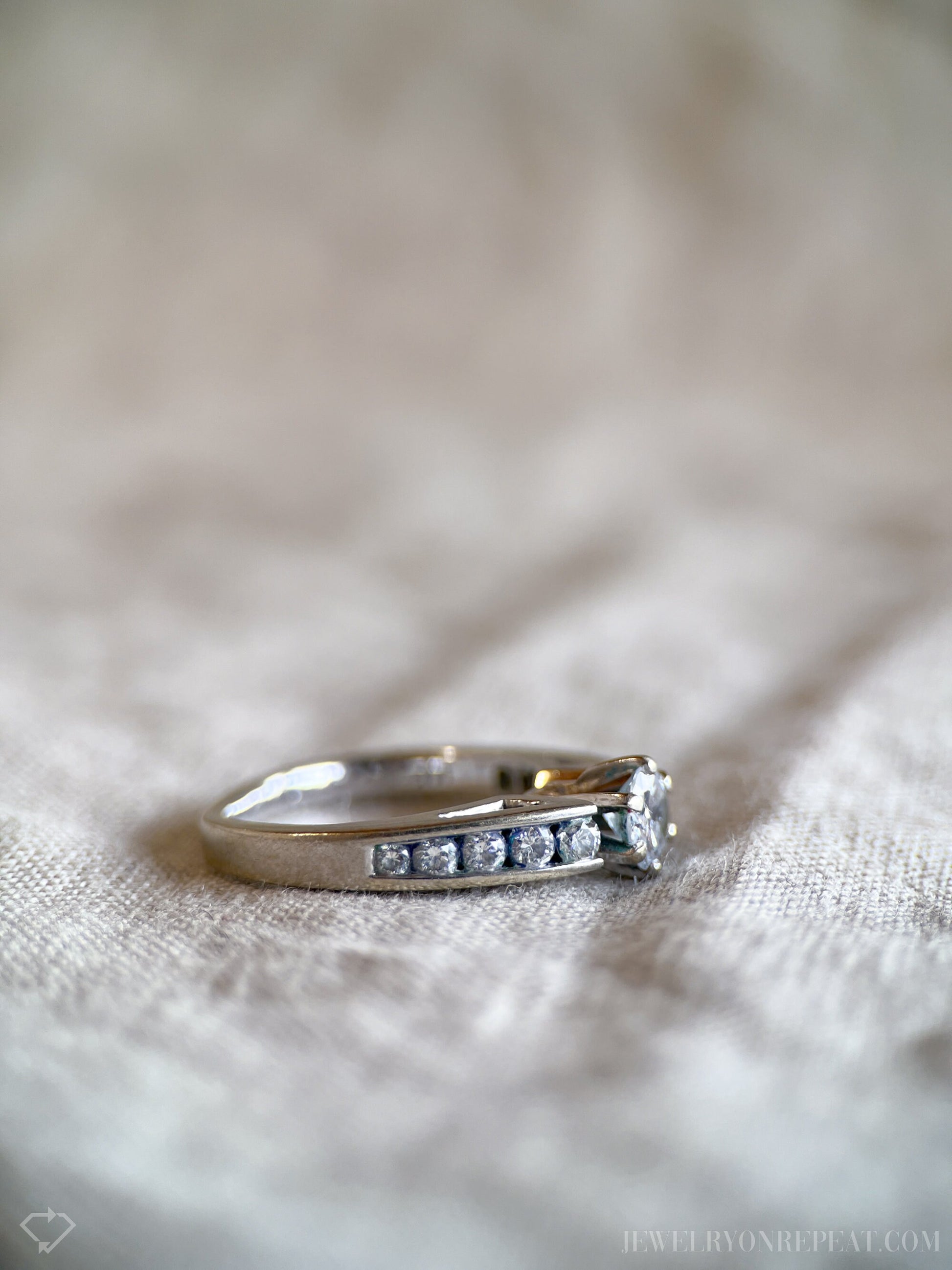 Vintage Diamond Engagement Ring, Round Cut, 14k White Gold, 1990s Channel Set Cathedral