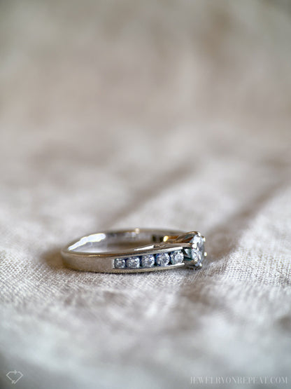 Vintage Diamond Engagement Ring, Round Cut, 14k White Gold, 1990s Channel Set Cathedral