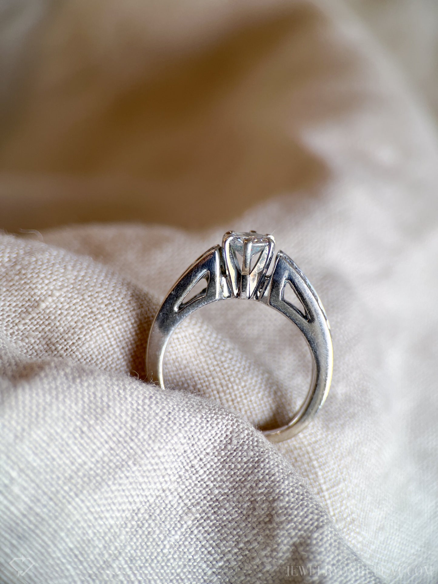 Vintage Diamond Engagement Ring, Round Cut, 14k White Gold, 1990s Channel Set Cathedral